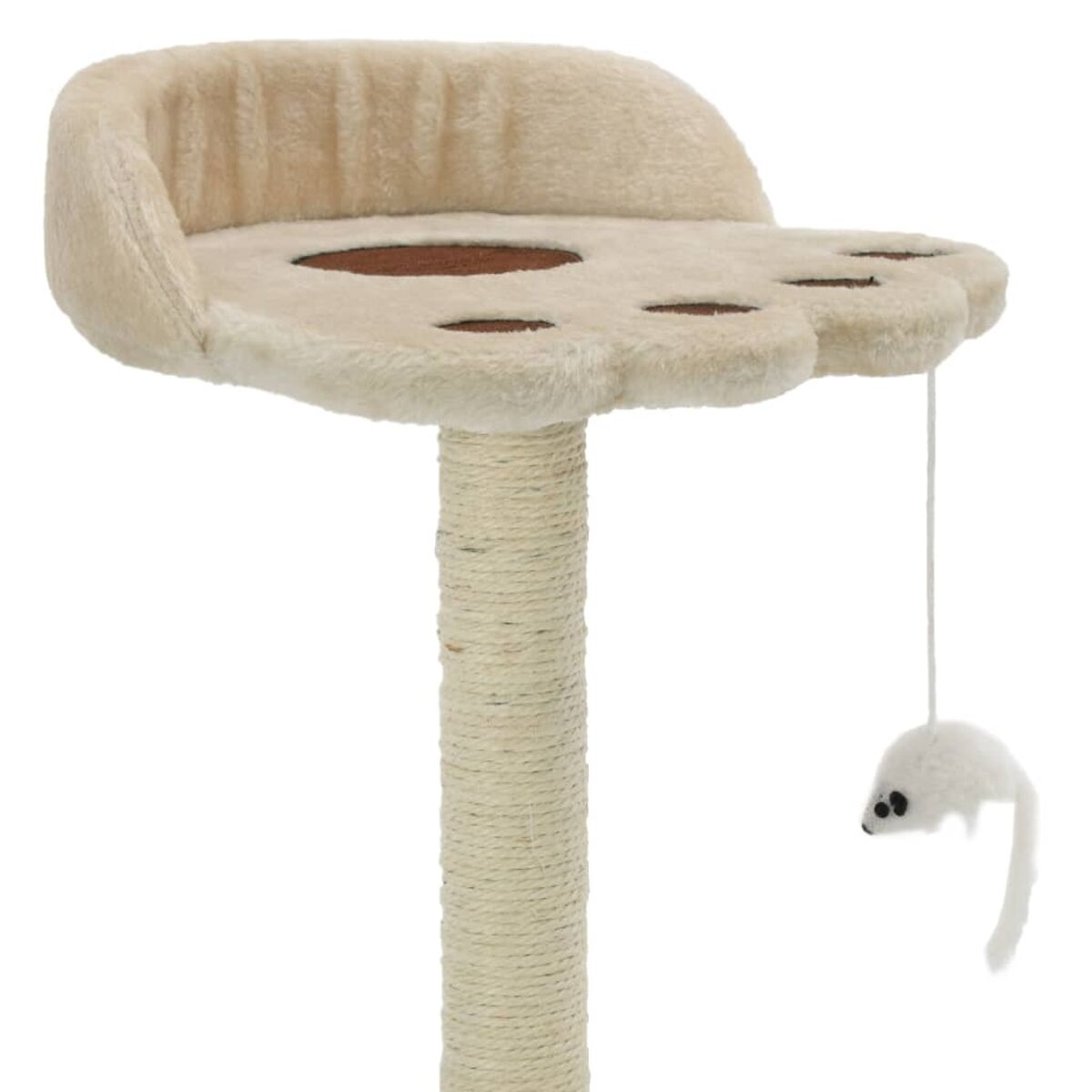 Katzenkratzbaum. Beiger Sockel und Oberteil mit hängendem Spielzeug. Aus Seil gefertigt.