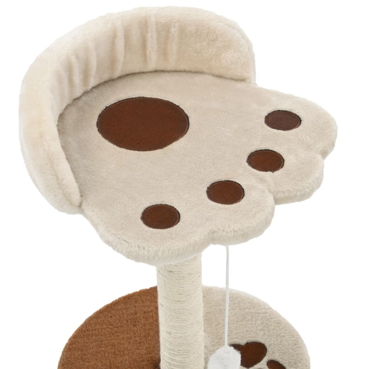 Katzenbaum mit pfotenförmiger Spitze und einem baumelnden Spielzeug. Beige und braune Farben.
