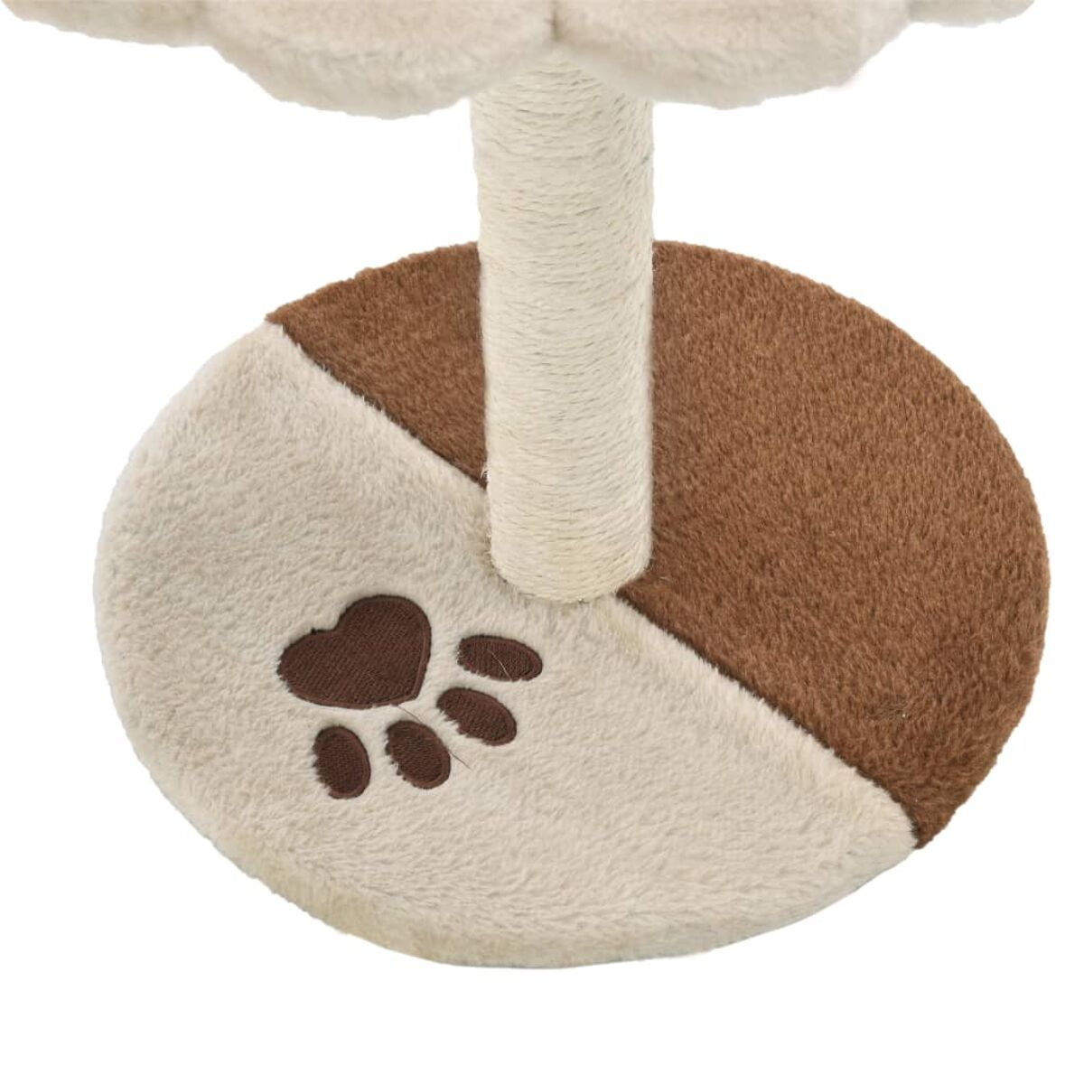 Katzenbaum-Basis, mit Herz-Pfotenabdruck. Die Hälfte ist beige, die andere braun, und eine Seilstange ragt heraus.