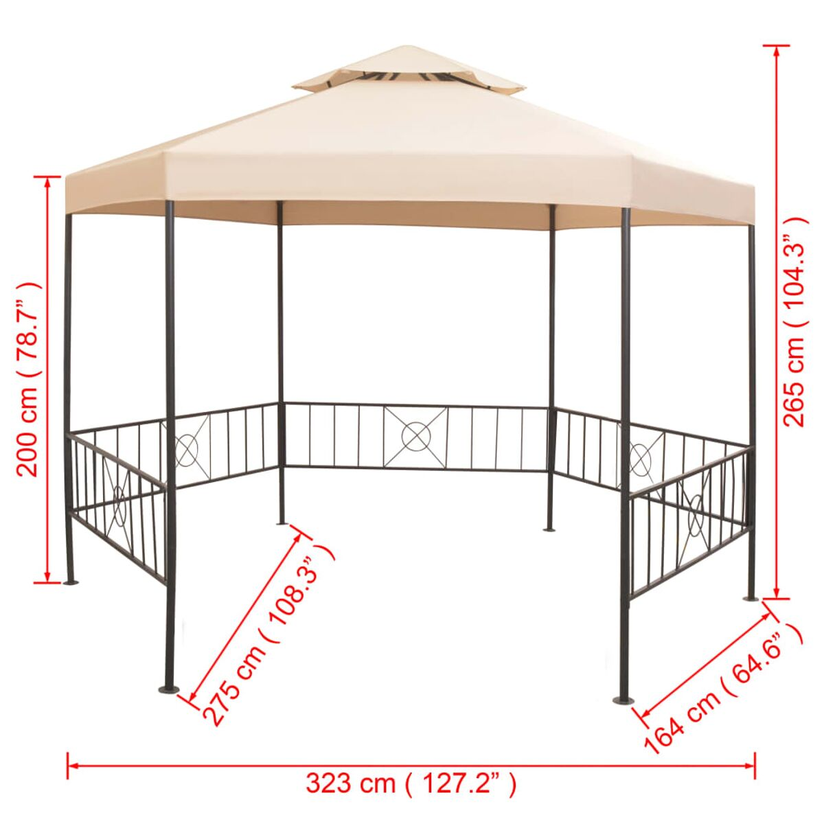 Ein beigefarbener Outdoor-Pavillon mit angezeigten Abmessungen, mit hellem Dach und schwarzem Rahmen.