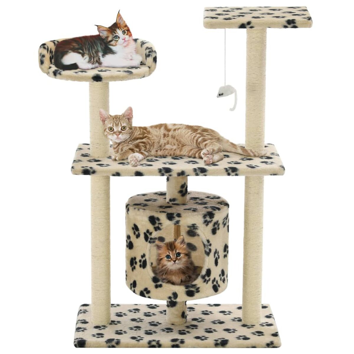 Ein mehrstöckiger Katzenbaum mit drei Katzen auf verschiedenen Ebenen. Er hat beige Pfosten und Pfotenabdrücke.
