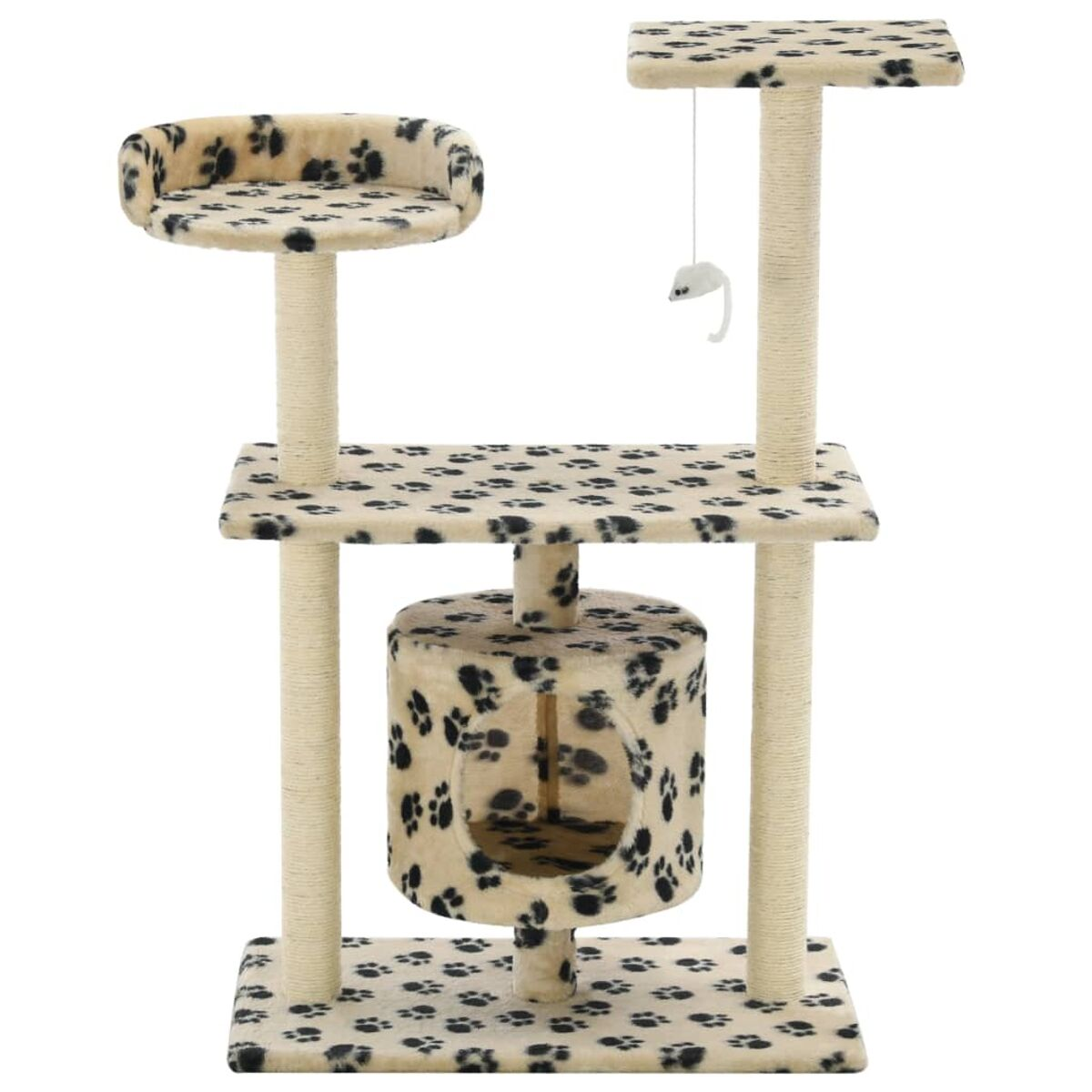 Katzenturm mit mehreren Ebenen, beige mit schwarzen Pfotenabdrücken und einem Spielzeug.