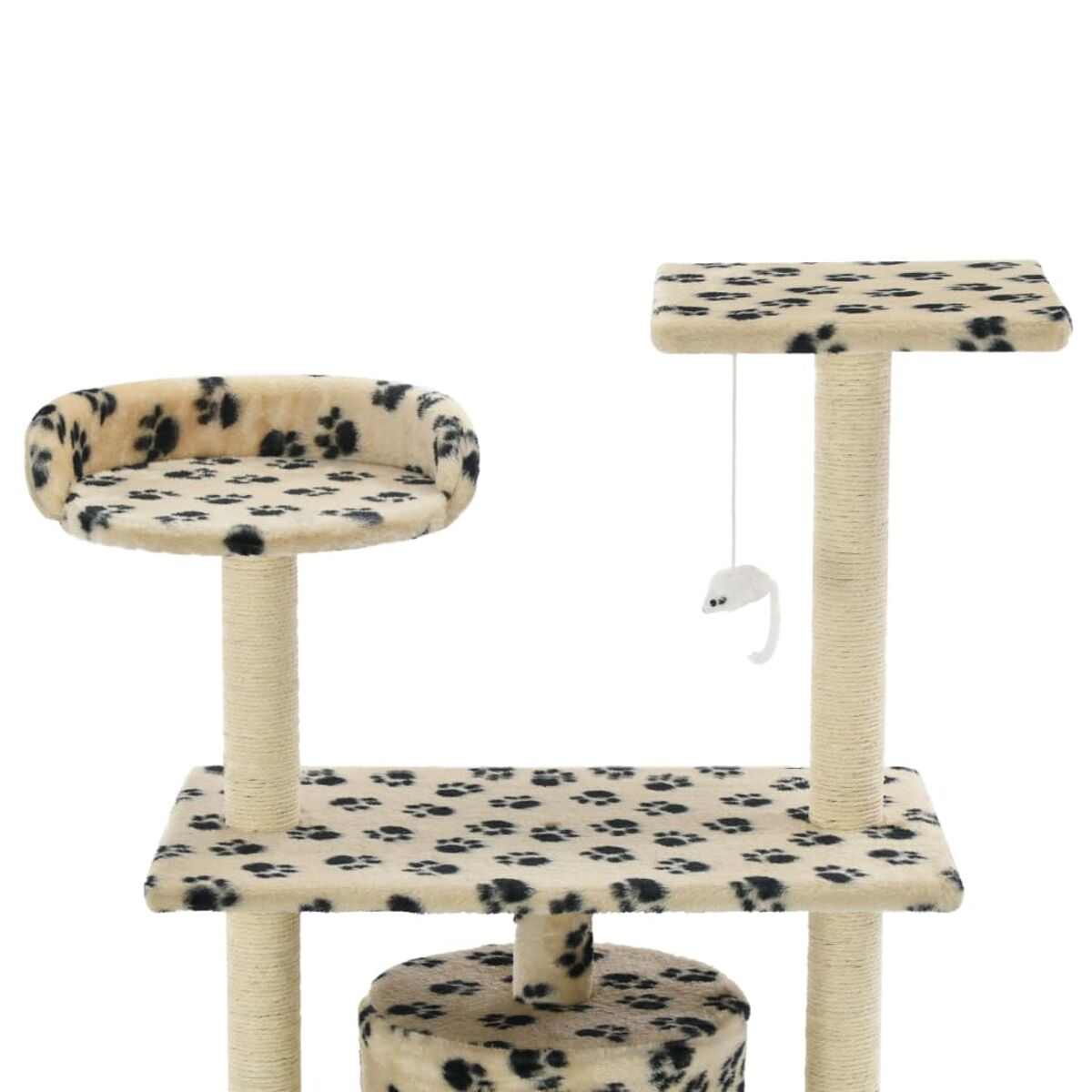 Katzenbaum mit Plattformen, Kratzbäumen und einem hängenden Spielzeug. Beige und schwarzes Pfotenmuster.