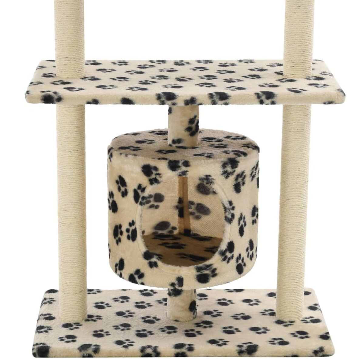 Katzenbaum mit beige-schwarzen Pfotenabdruck-Plattformen und einem Katzenhaus.