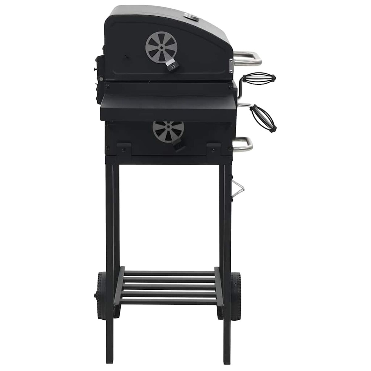Ein schwarzer Grill mit zwei Fächern und Rädern.