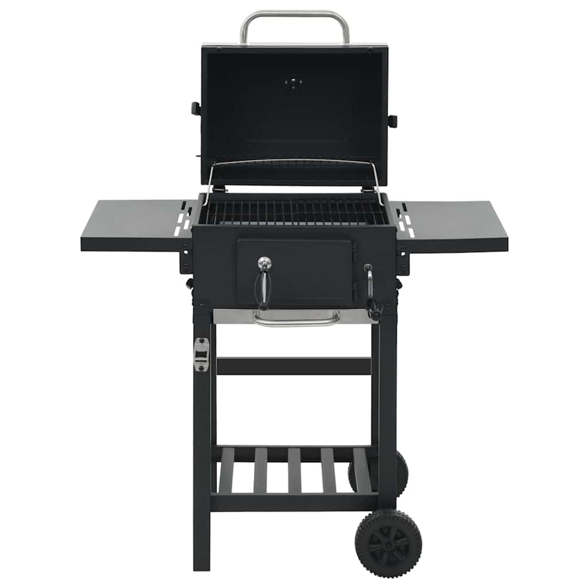 Schwarzer Holzkohlegrill mit offenem Deckel, Seitenablagen und Rädern.