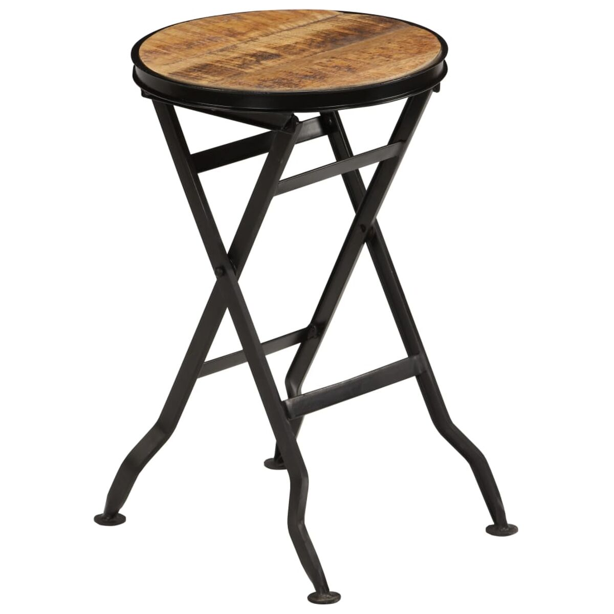 Klapphocker aus Metall und Holz mit rundem Holzschemel und schwarzem Rahmen.