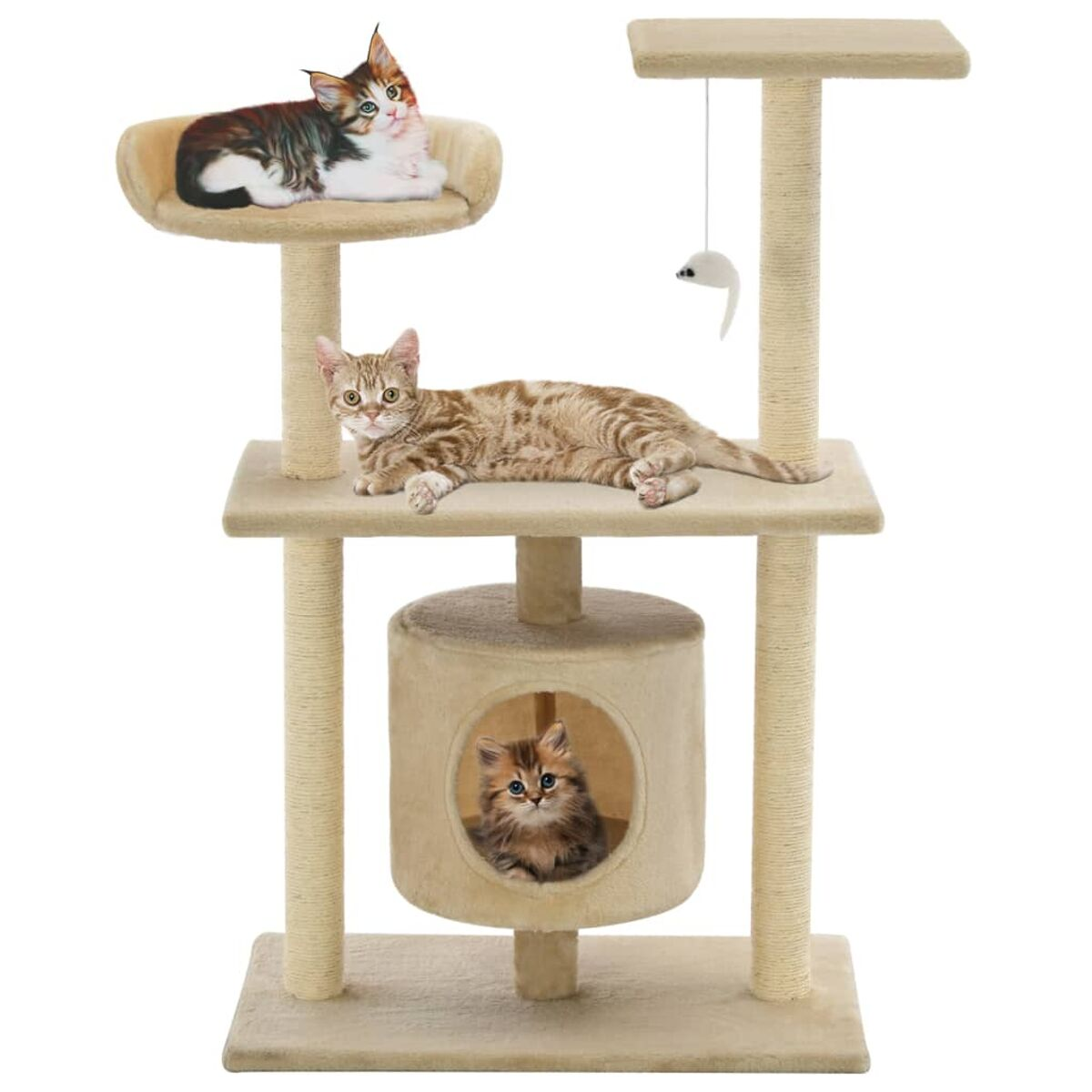 Katzenbaum mit drei Katzen in verschiedenen Positionen. Beige Farbe.