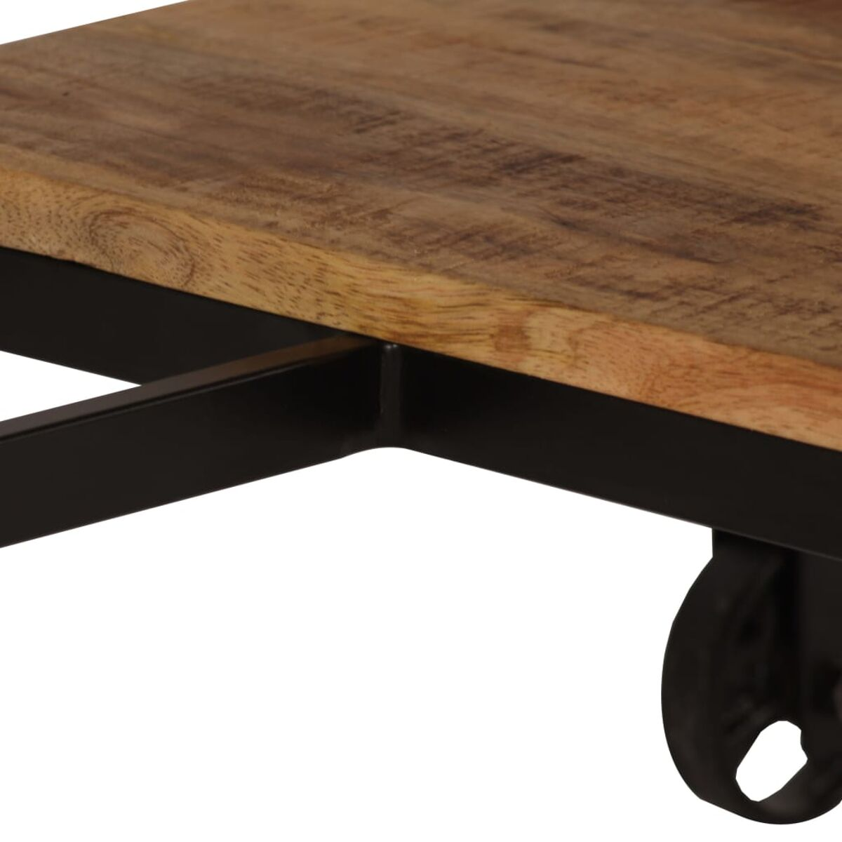 Nahaufnahme einer Holztischkante. Das Holz hat eine natürliche Maserung und wird von schwarzem Metall getragen.