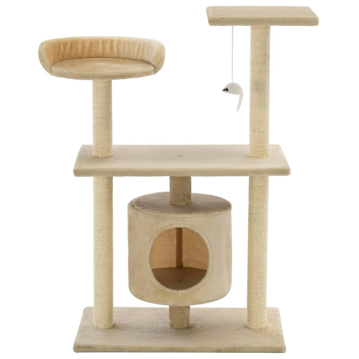 Kratzbaum mit mehreren Ebenen, beige, enthält eine hängende Spielzeugmaus.