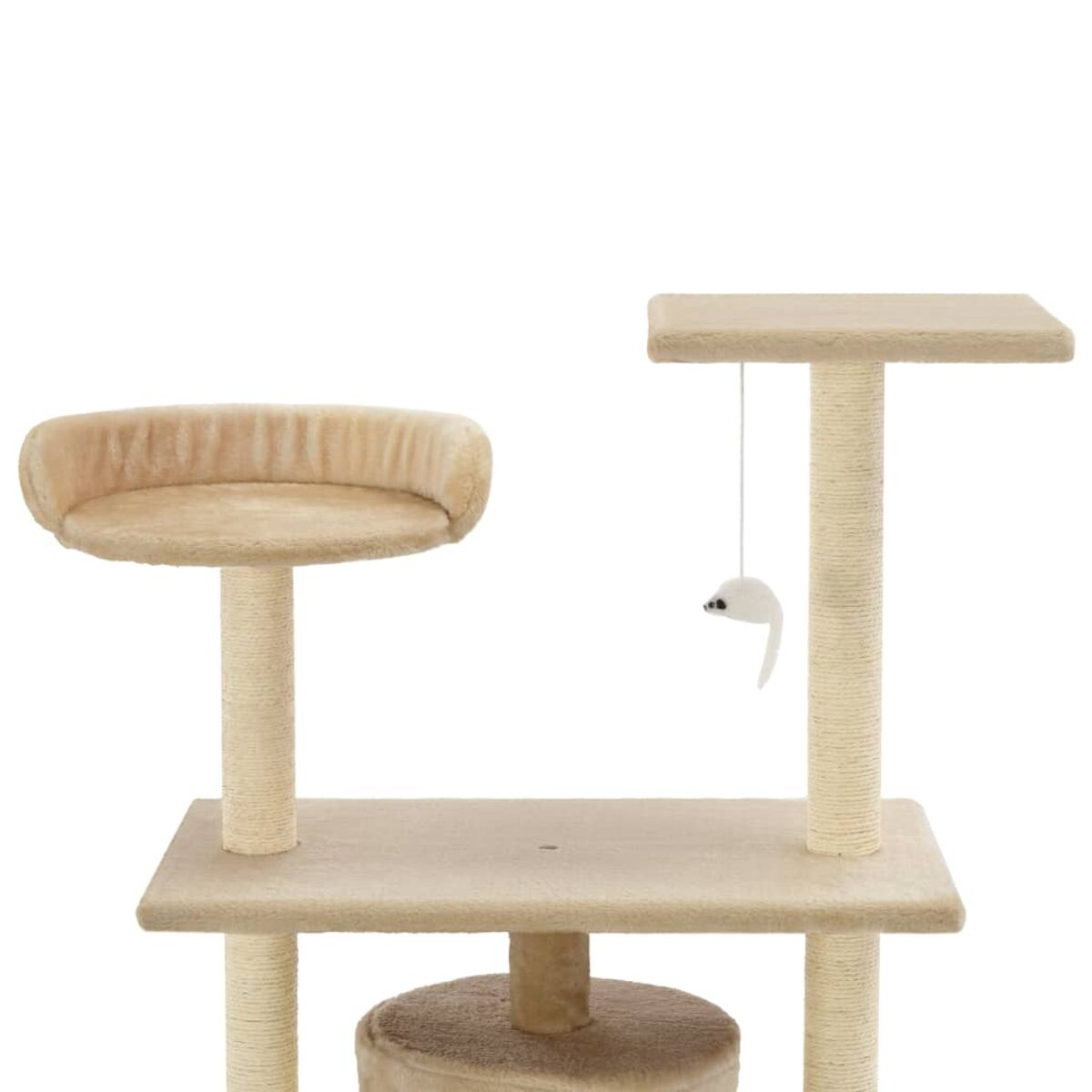 Katzenbaum mit beigen Plattformen, einem hängenden Spielzeug und einer abgerundeten Plattform.