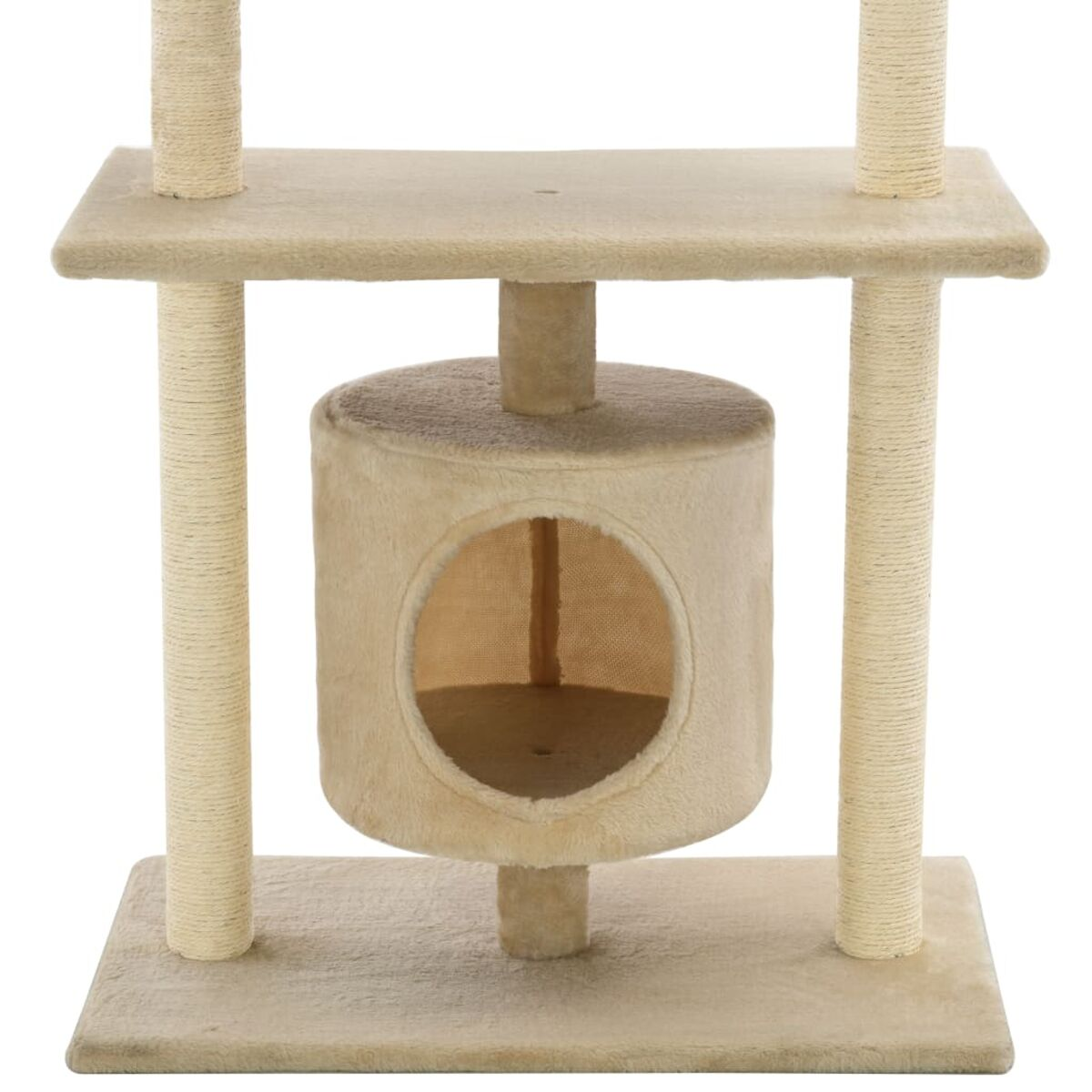 Beiger Katzenbaum mit einem runden Loch, einem Verschlag und mehreren Plattformen, vor weißem Hintergrund.