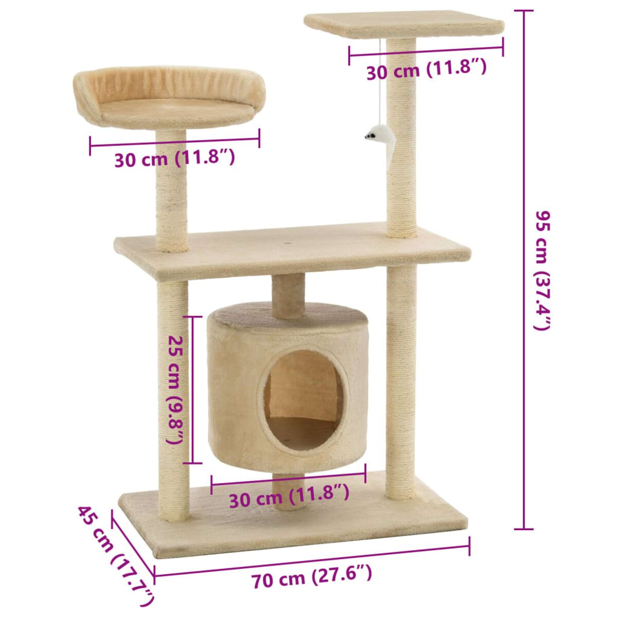 Beiger Katzenbaum mit Plattformen, einem Haus und einem Spielzeug. Abmessungen werden angezeigt.