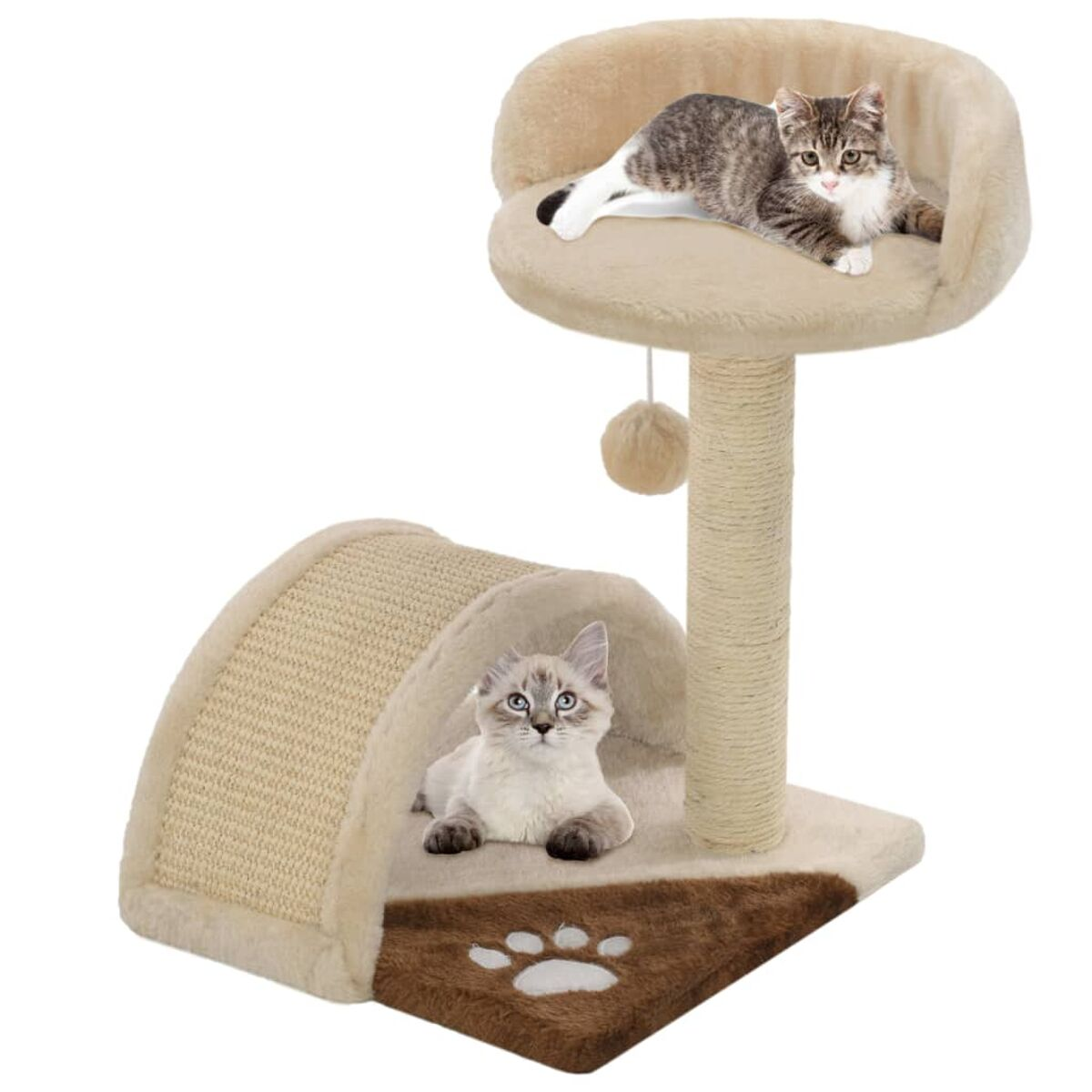 Katzenbaum mit zwei Katzen: eine in einer Höhle und eine oben. Beige und braune Farben.