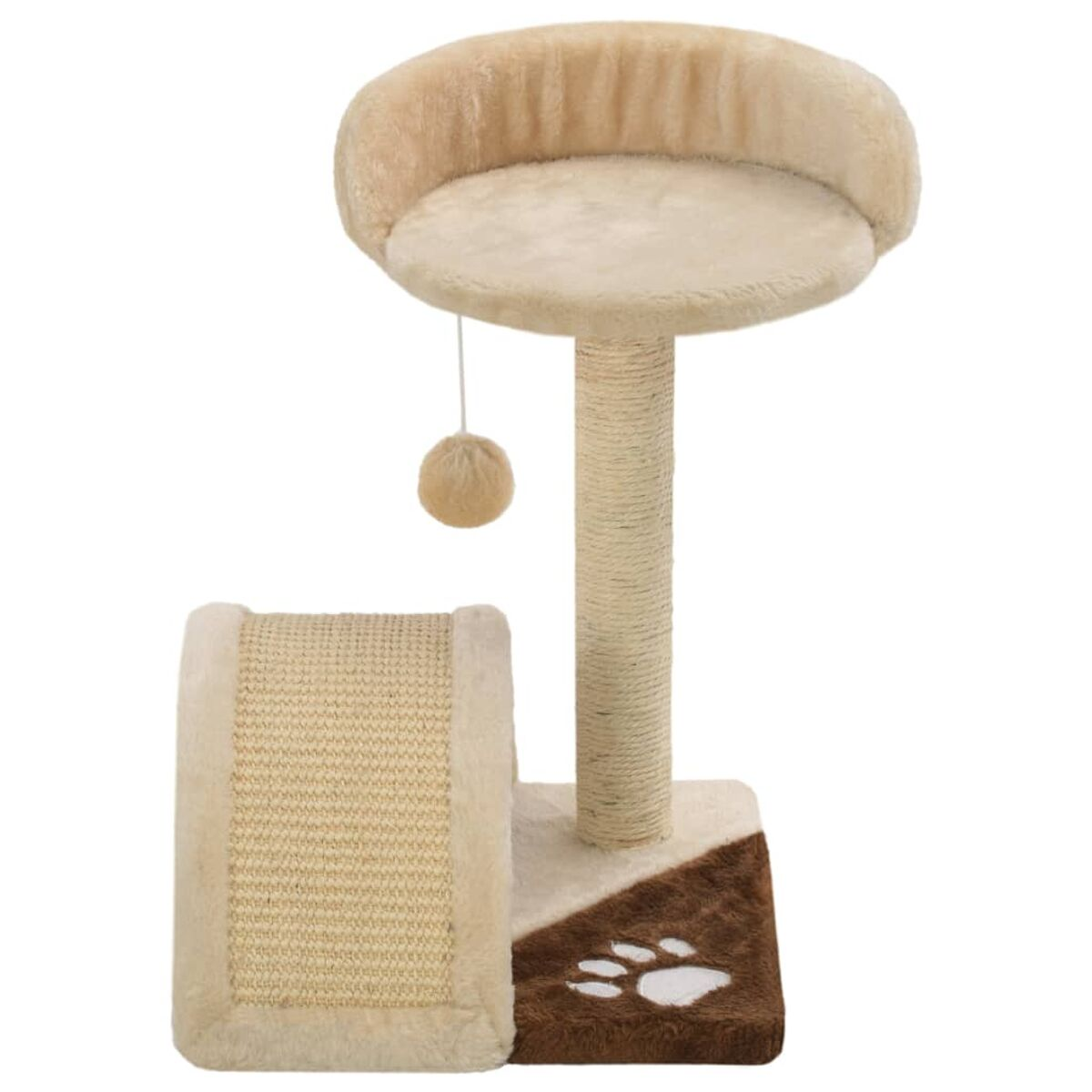Katzenbaum mit Kratzbaum und oberer Plattform mit hängendem Ball.