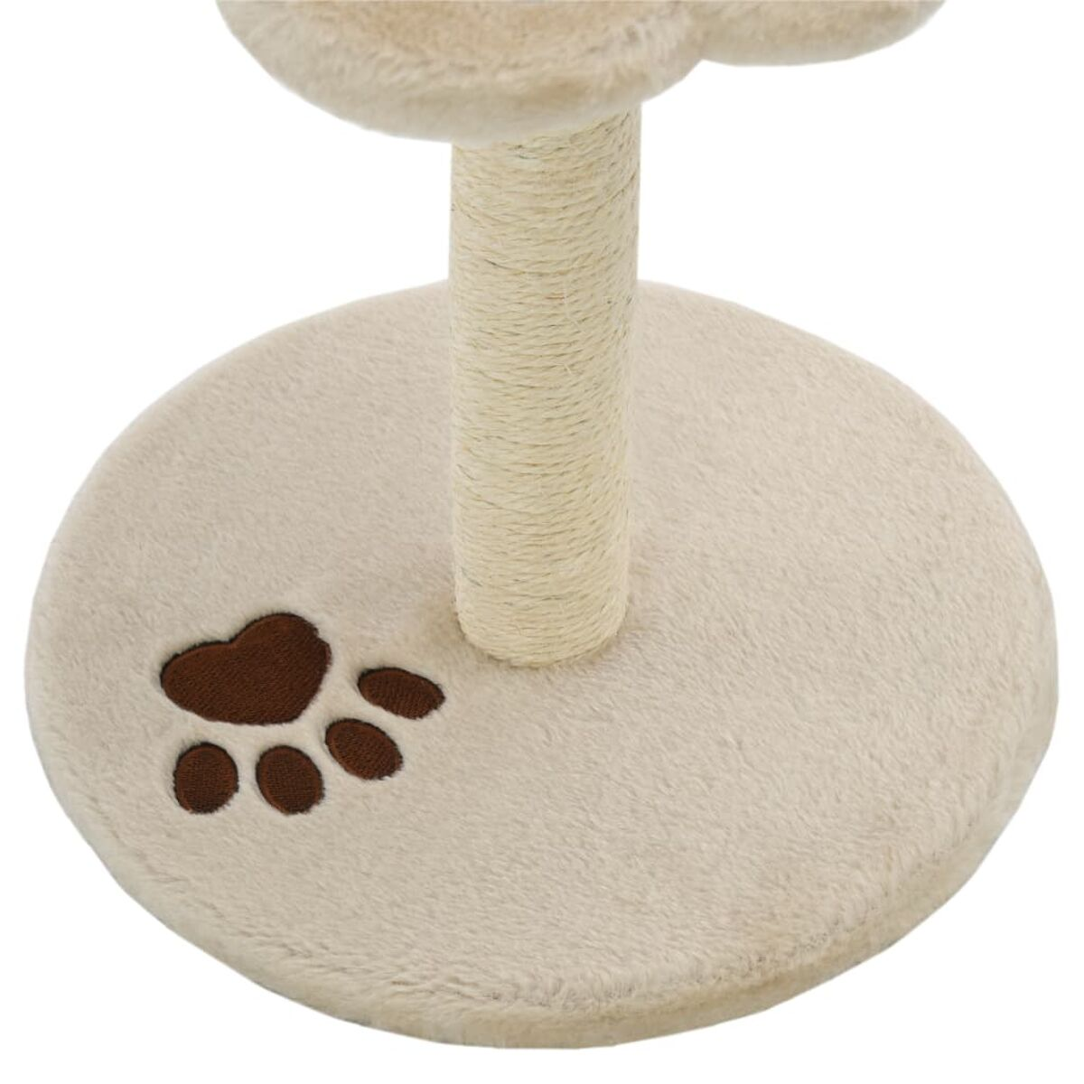 Katzenbaum-Plattform mit Pfotenabdruck, Kratzpfosten und weicher Oberfläche.