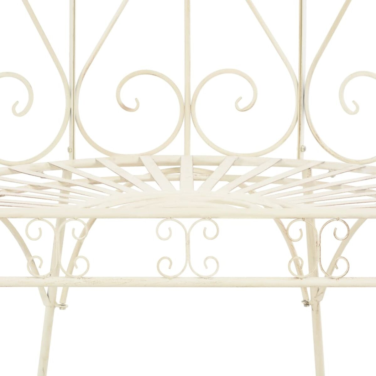 Elfenbein-Metall-Gartenbank mit Schnörkeldesign.