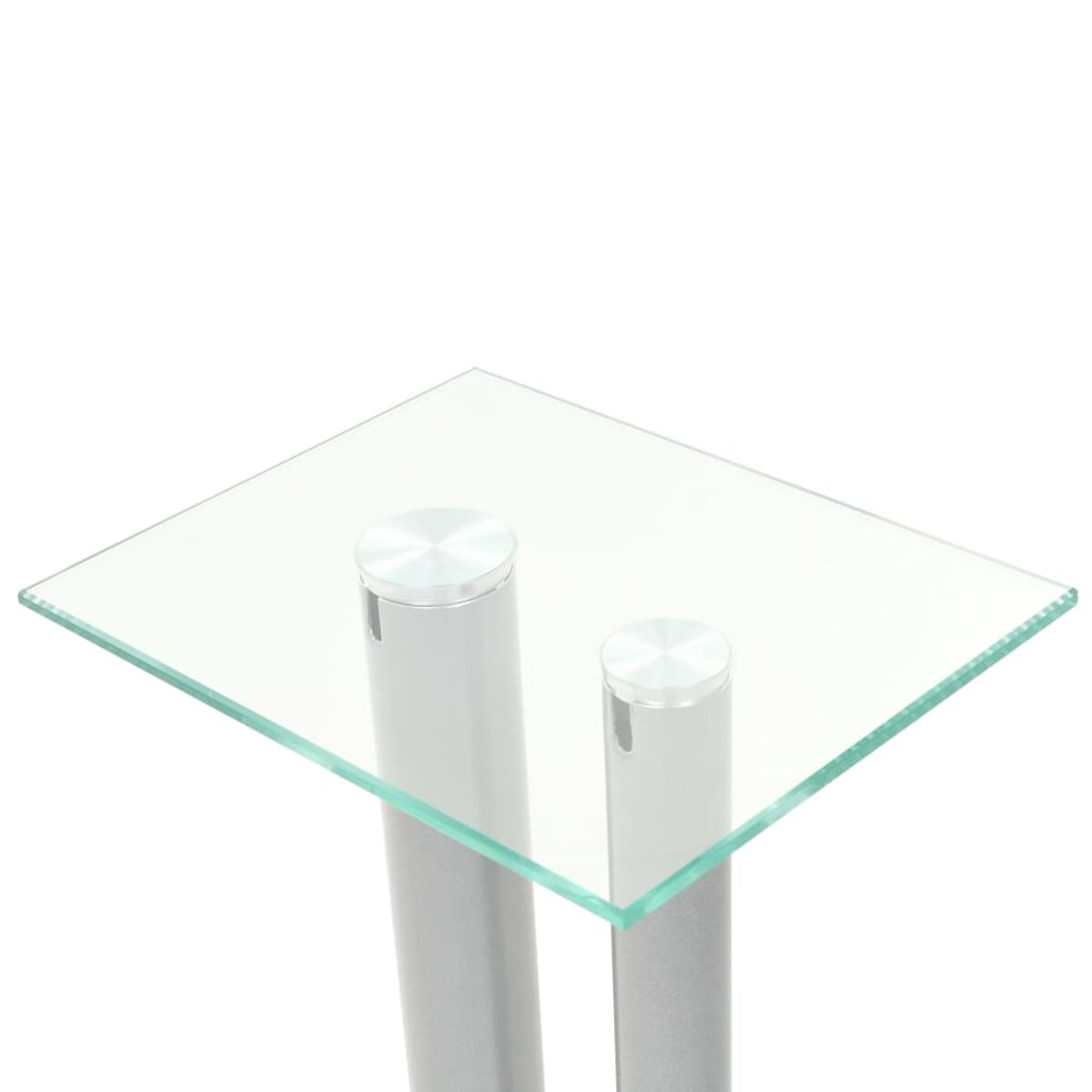 Eine quadratische Glasplatte auf zwei silbernen Zylindern. Weißer Hintergrund.