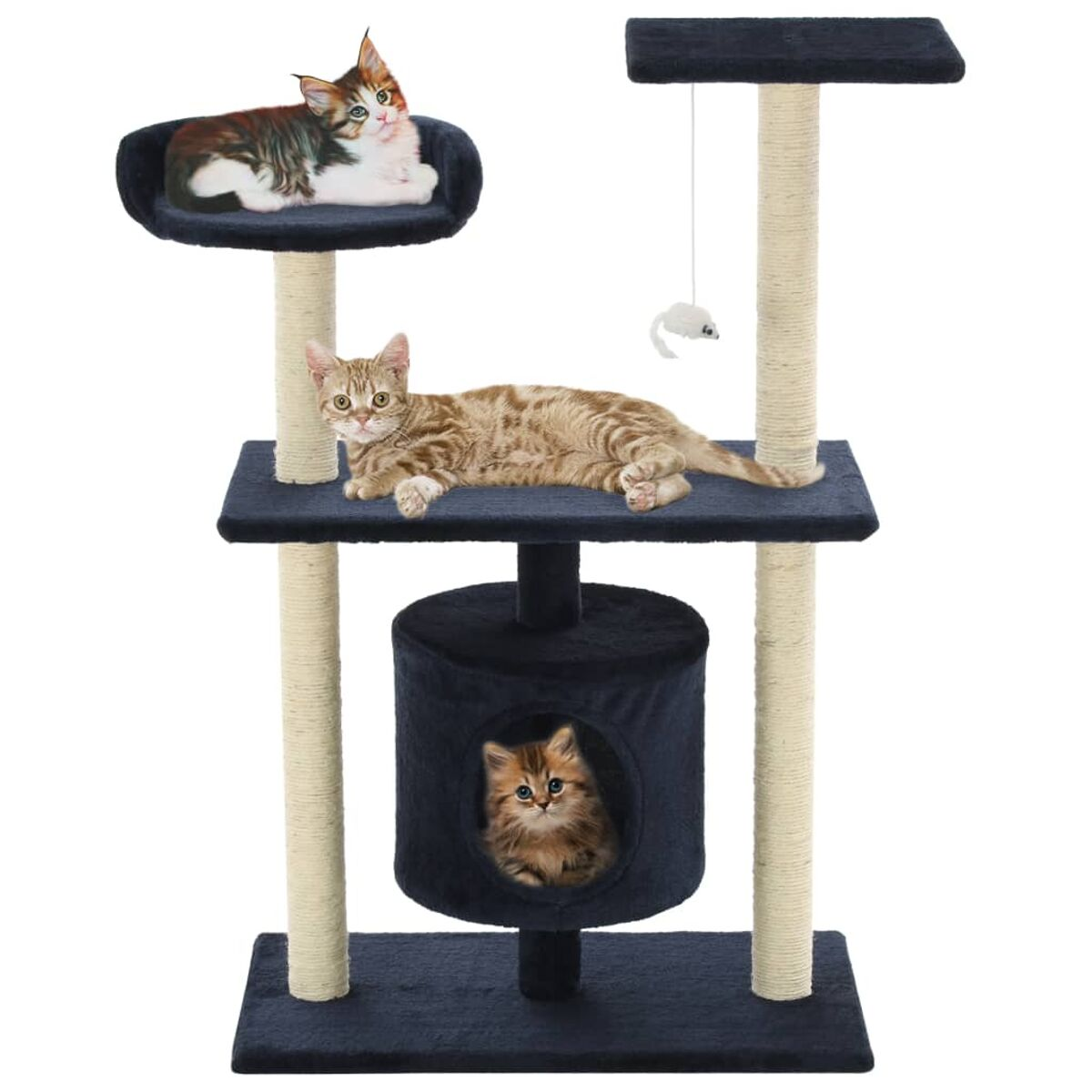 Katzenbaum mit drei Katzen. Eine in einer Höhle, eine auf einer Plattform und eine auf einem obersten Sitz.