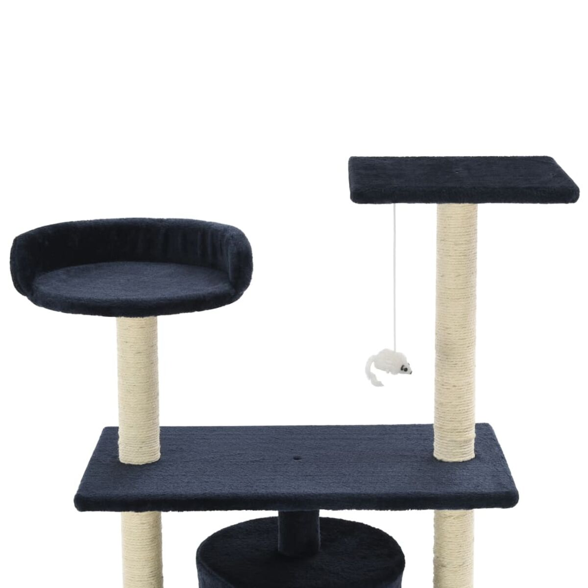 Katzenbaum mit marineblauen Plattformen, beigen Pfosten und Spielzeug.