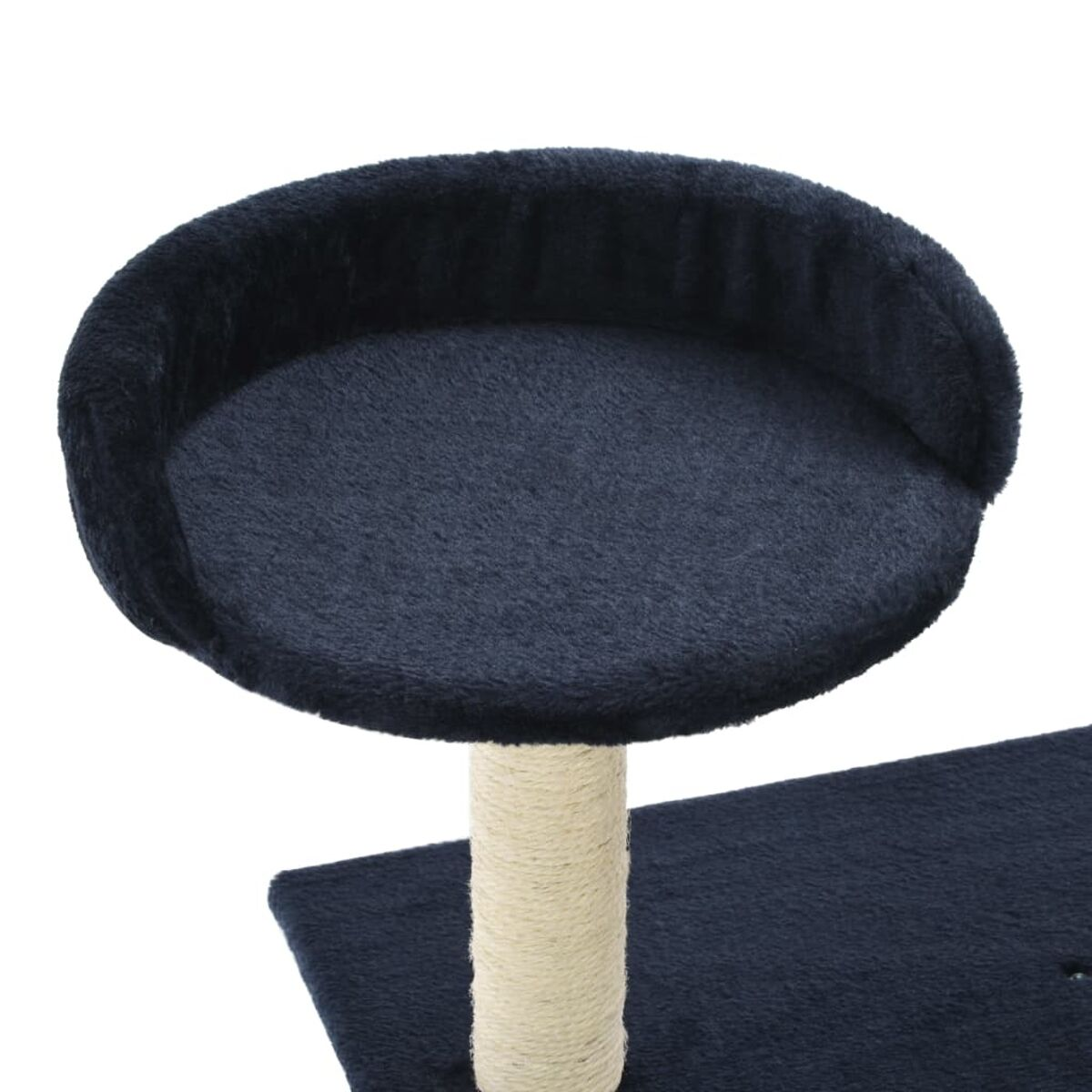 Katzenbaum-Oberplattform, blau, mit flauschigem Kissen und zentralem Pfosten.