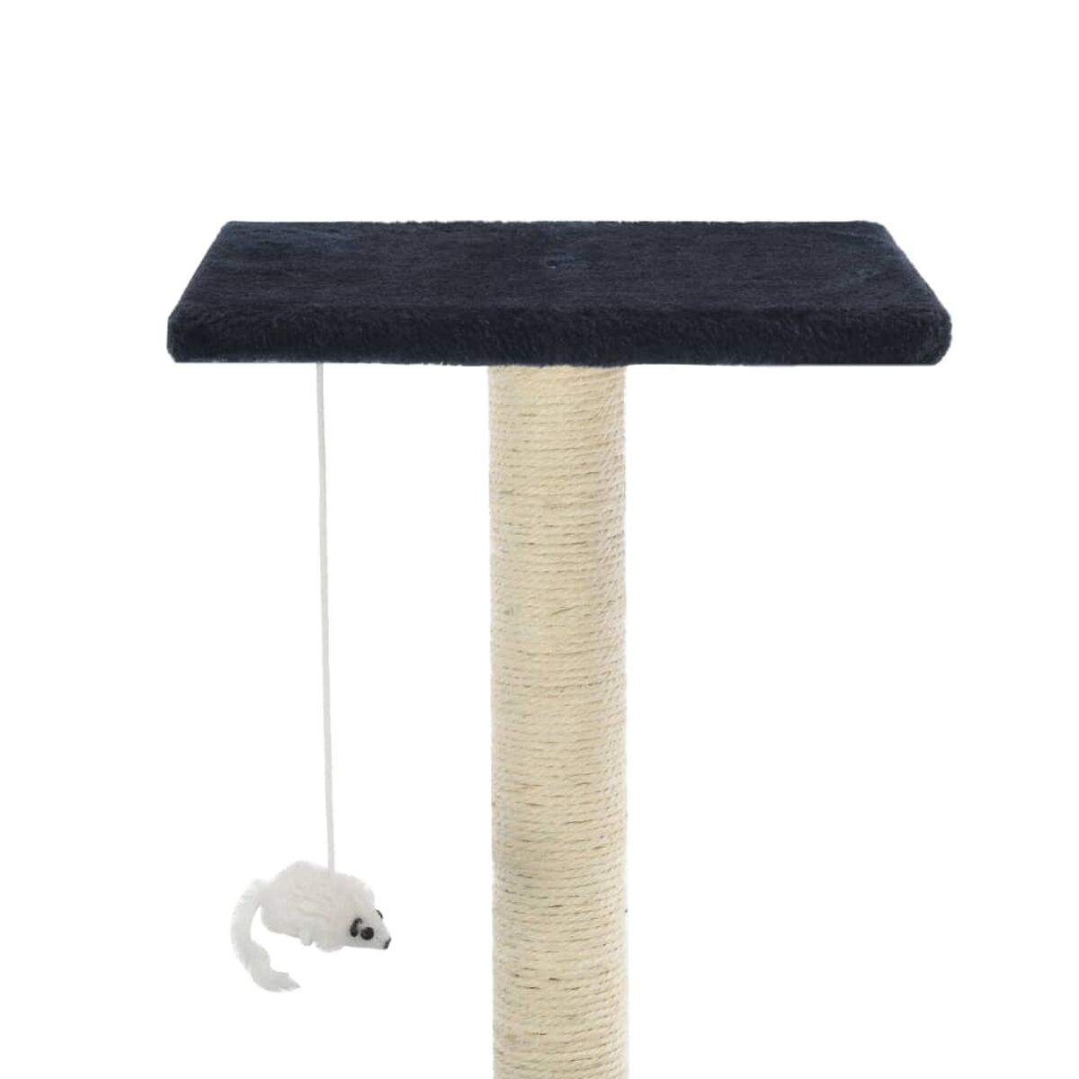 Kratzbaum mit schwarzer Oberseite und Spielzeugmaus. Der Pfosten ist beige mit Seil.