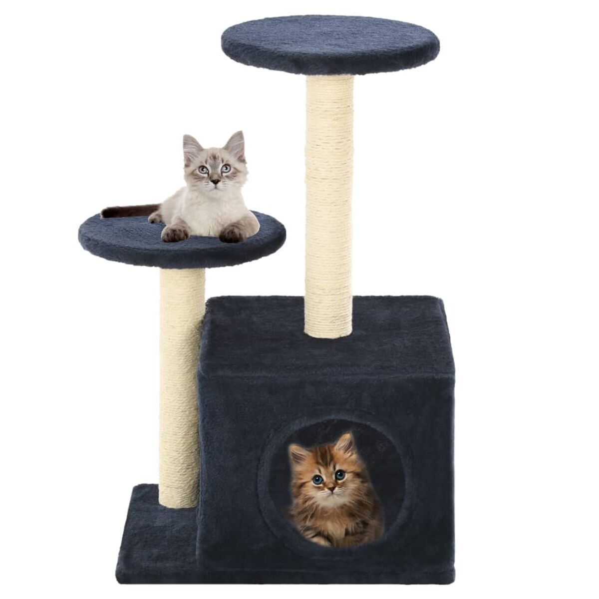 Katzenbaum mit zwei Katzen: eine auf Plattform, eine in Höhle, mit Kratzpfosten.