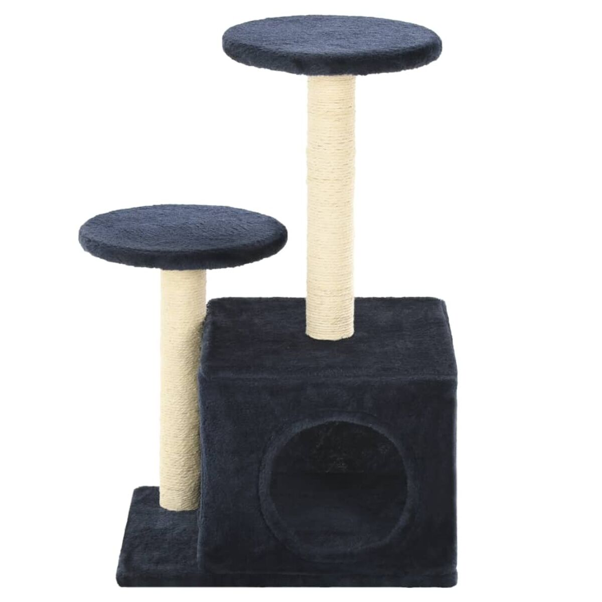 Katzenturm mit dunkelblauen Plattformen, Würfelsockel und beigen Kratzbäumen.