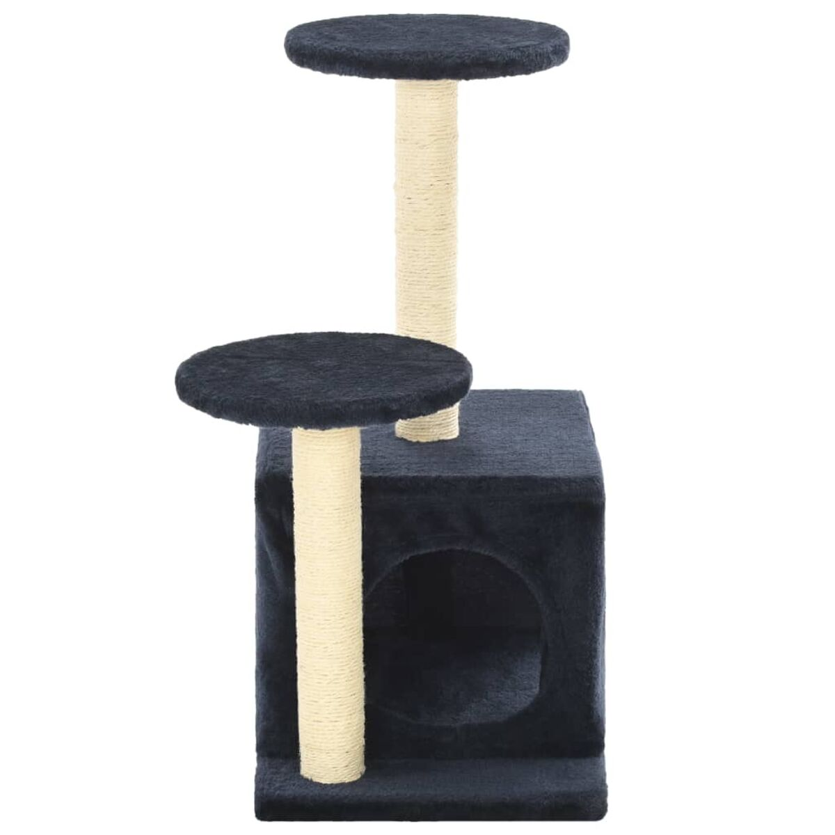 Katzenbaum mit Würfelbasis, zwei Plattformen und einem Kratzbaum. Der Katzenbaum ist dunkelblau.