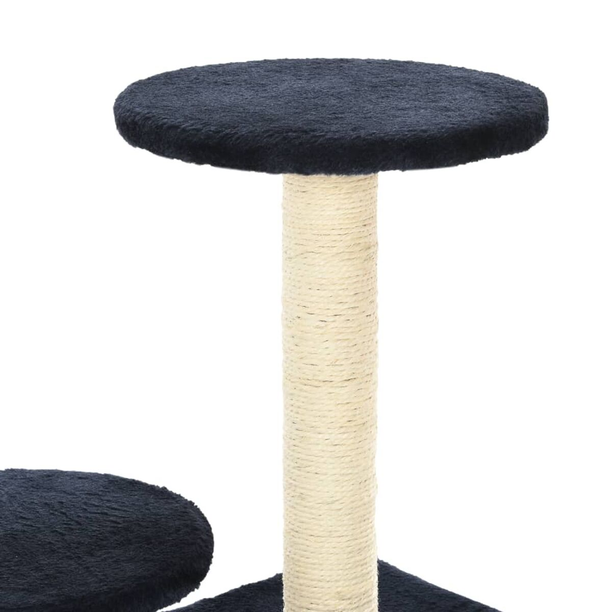 Schwarz-beiger Katzenbaum mit oberer Plattform und kratzbaum mit Seil umwickelt.