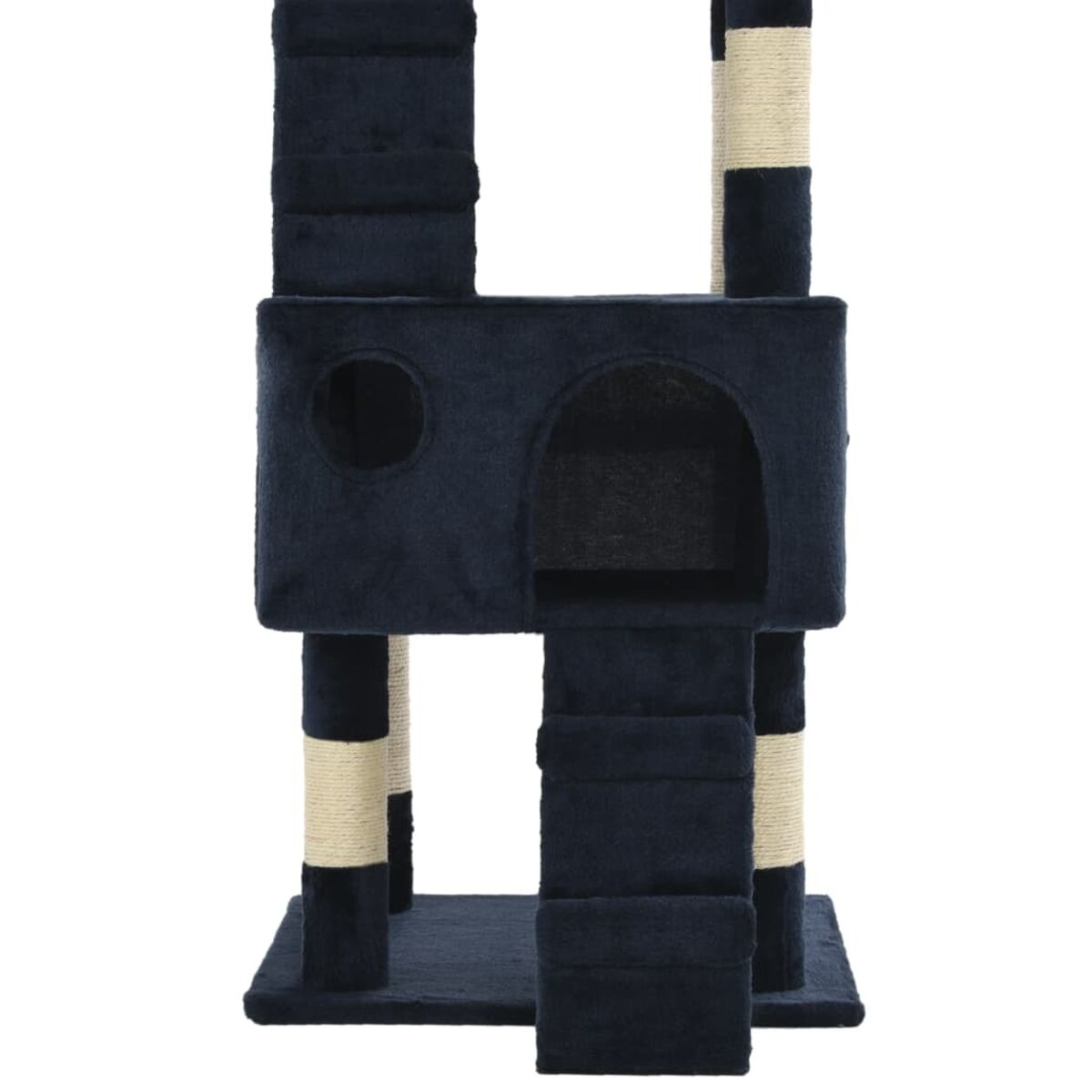 Ein hoher marineblauer Katzenbaum mit mehreren Ebenen, einem Haus und Kratzbäumen. Beige Details.