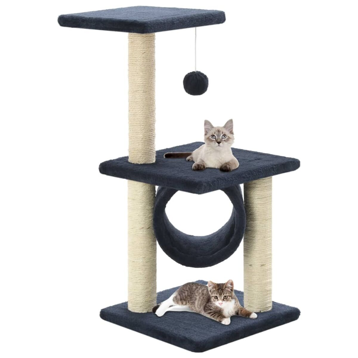 Katzenbaum mit zwei Katzen. Eine auf dem obersten Regal, die andere unten. Mit Tunnel und Spielzeug.