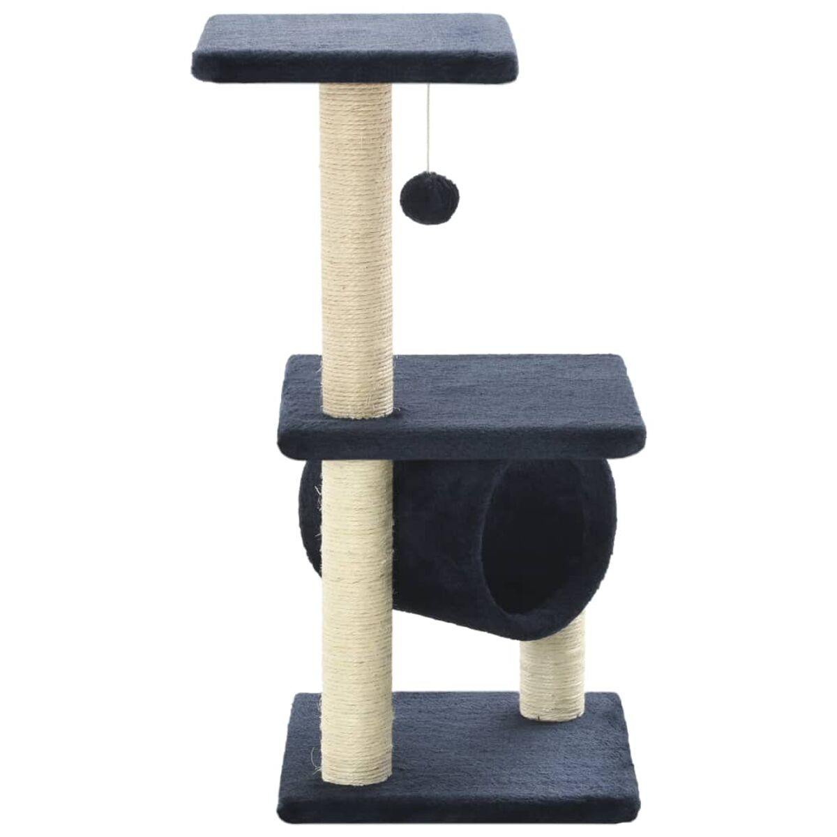 Katzenbaum mit mehreren Ebenen, einem Tunnel und einem hängenden Ball. Der Katzenbaum ist dunkelblau.