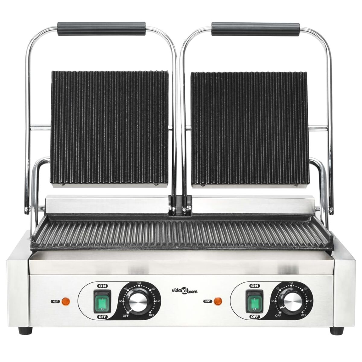 Eine Panini-Presse aus Edelstahl mit grünen Einschaltknöpfen.