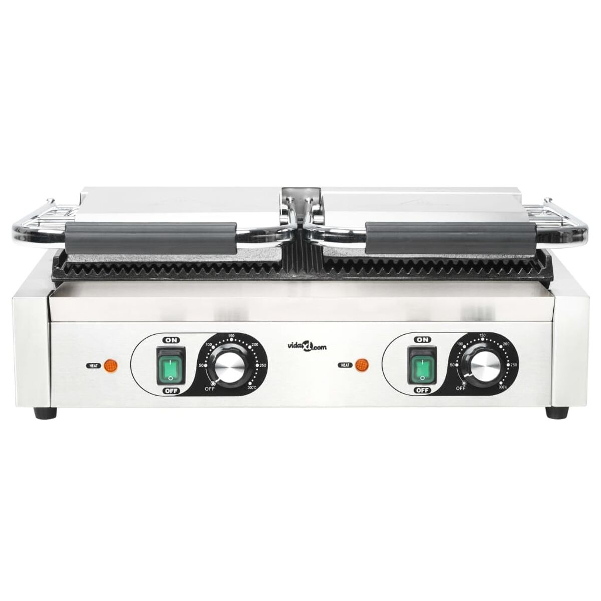 Ein doppelseitiger Panini-Grill mit Bedienelementen für die Hitze auf der Vorderseite.