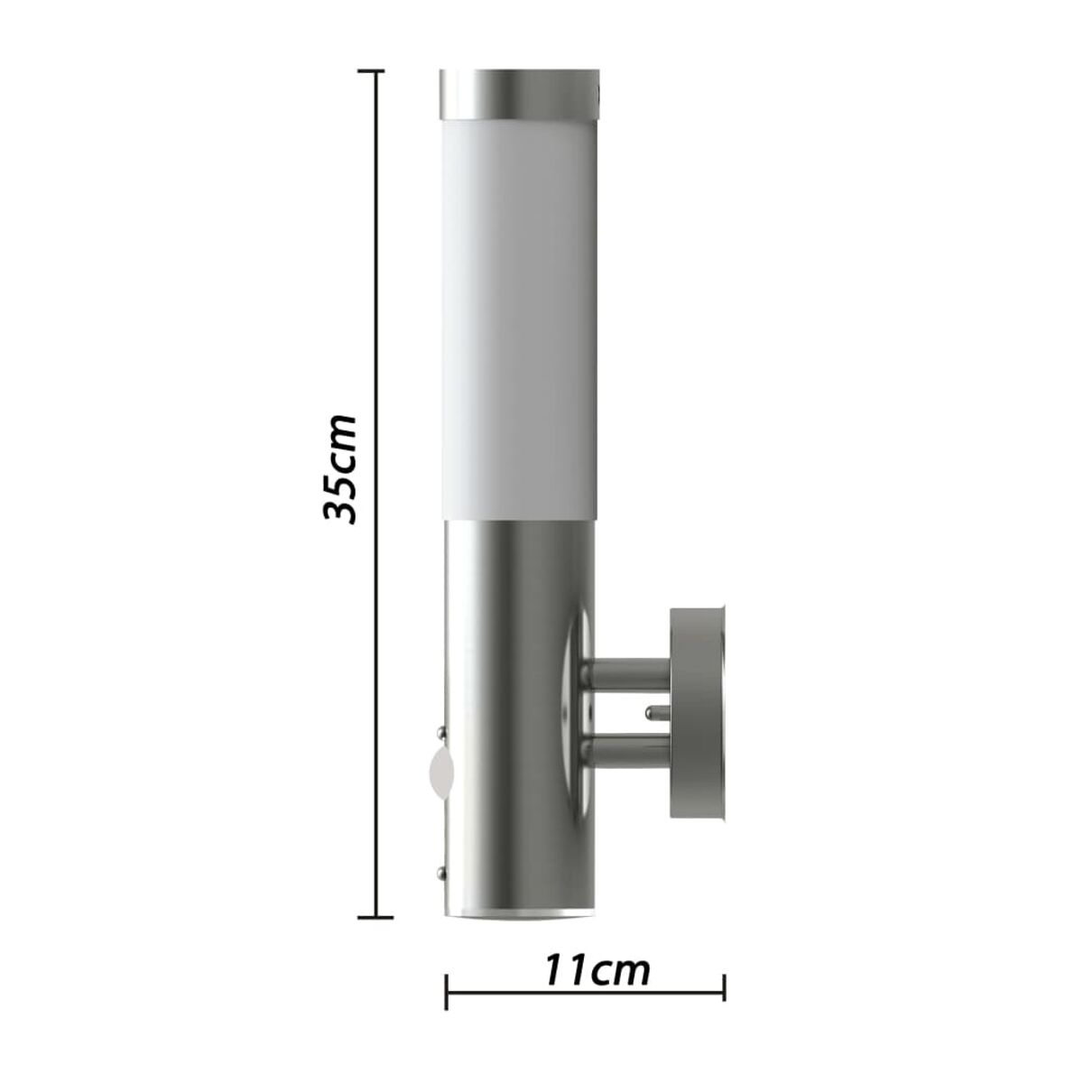 Eine zylindrische Außenlampe. Sie hat einen weißen, undurchsichtigen oberen Teil und einen silbernen, metallischen Sockel.