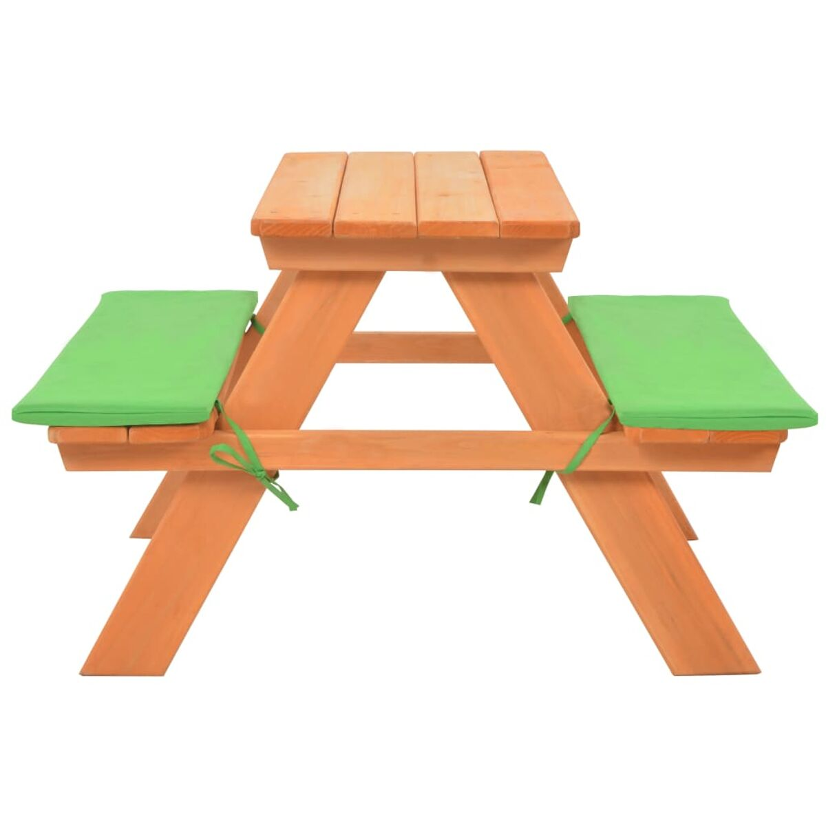 Picknicktisch aus Holz. Oranger Tisch mit grün gepolsterten Bänken. Gebundene grüne Schnüre.