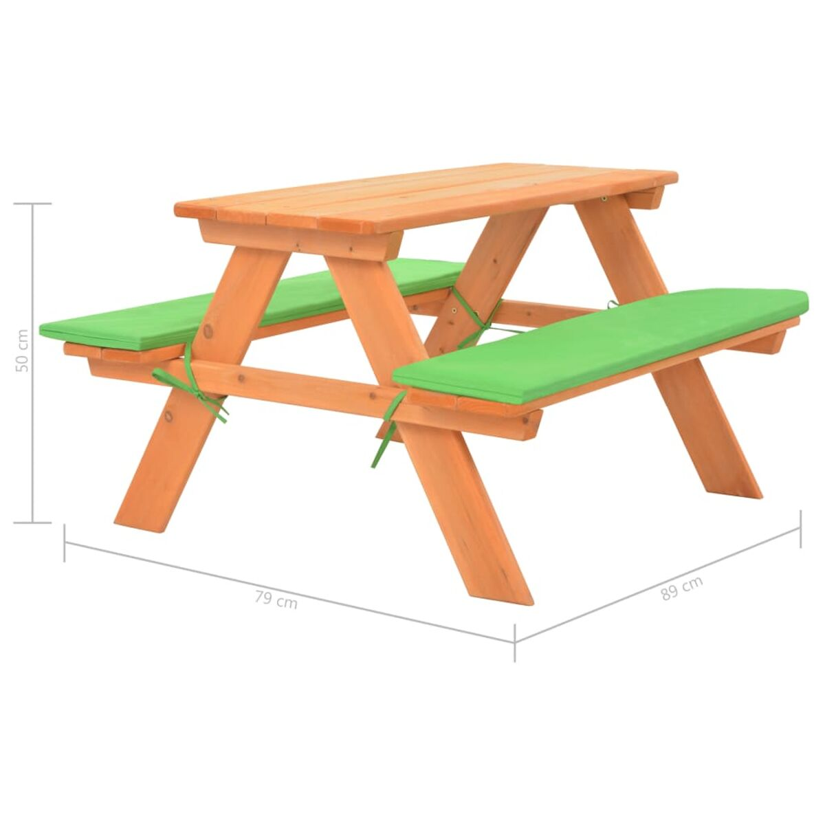 Picknicktisch aus Holz mit zwei Bänken, grünen Kissen und Maßangaben.