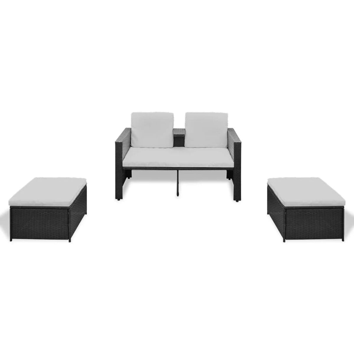 Schwarzes Korbmöbel-Sofaset mit Ottomanen. Zwei Ottomanen und ein Zweisitzer-Sofa.