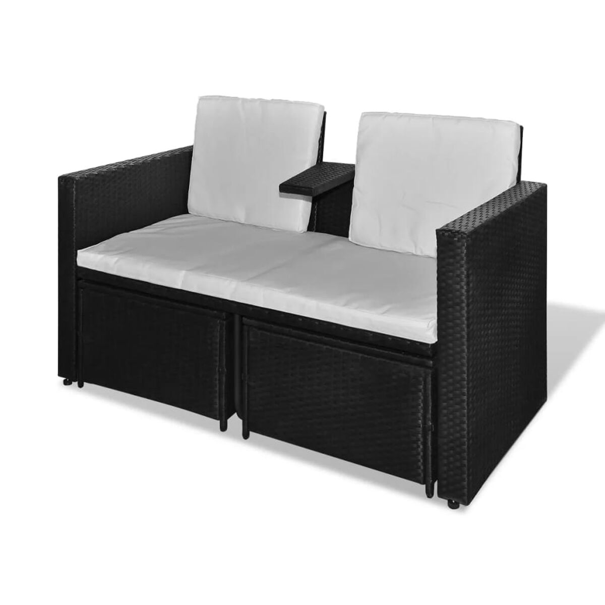 Schwarzes Korbsessel-Zweisitzer-Sofa mit weißen Kissen. Enthält eine Armlehne mit kleinem Beistelltisch.