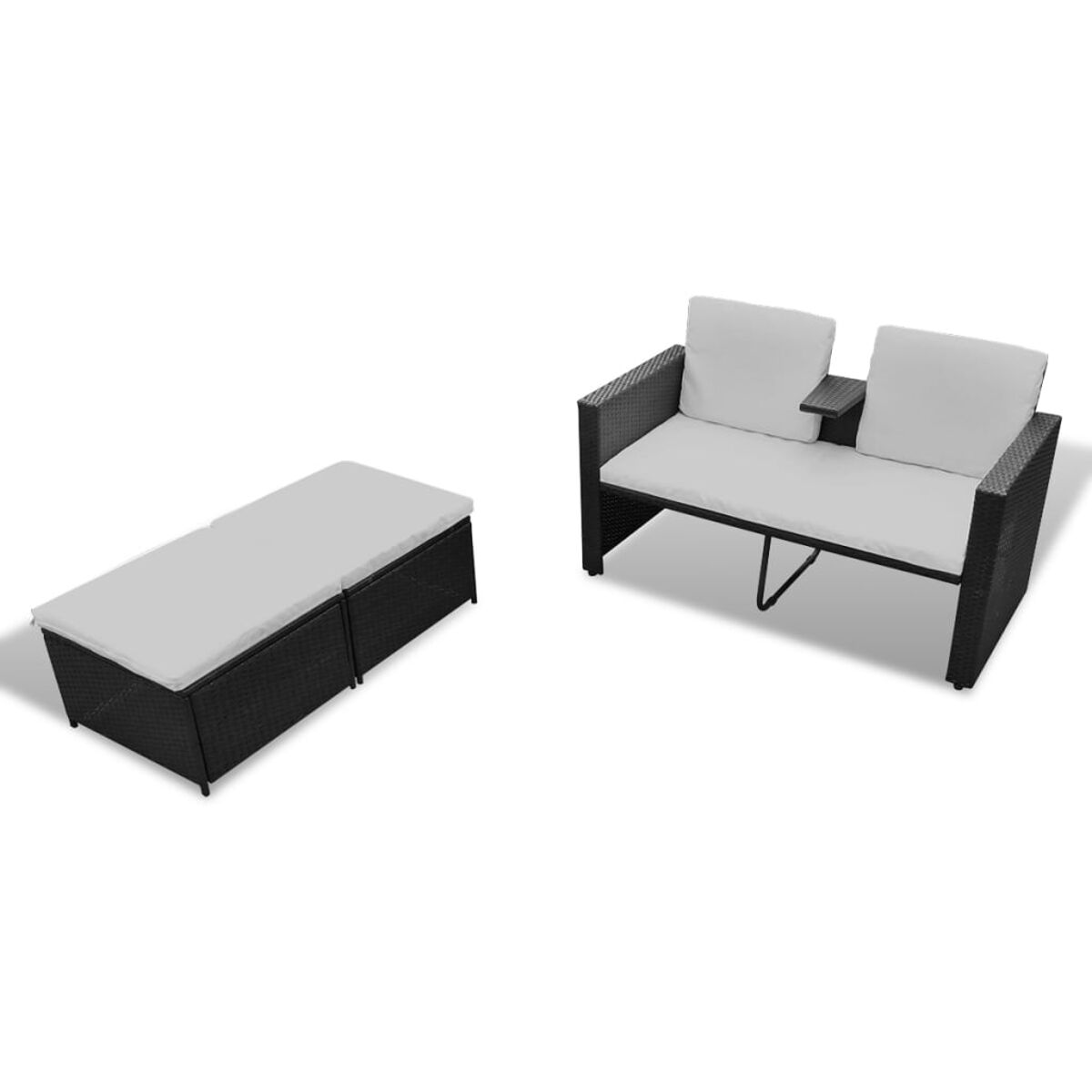 Schwarzes Rattan-Sofaset mit Beistelltisch. Isoliert auf weißem Hintergrund.