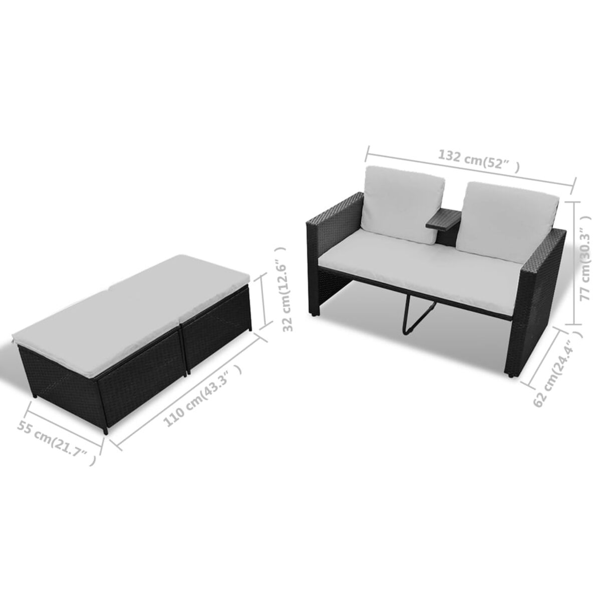 Sofa- und Ottomane-Set. Schwarzes Rattan mit hellgrauen Kissen. Maße werden angezeigt.