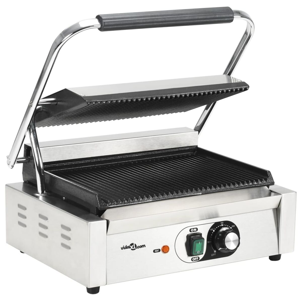 Eine Edelstahl-Panini-Presse mit geöffnetem Grillrost, Heizungen und Bedienelementen.