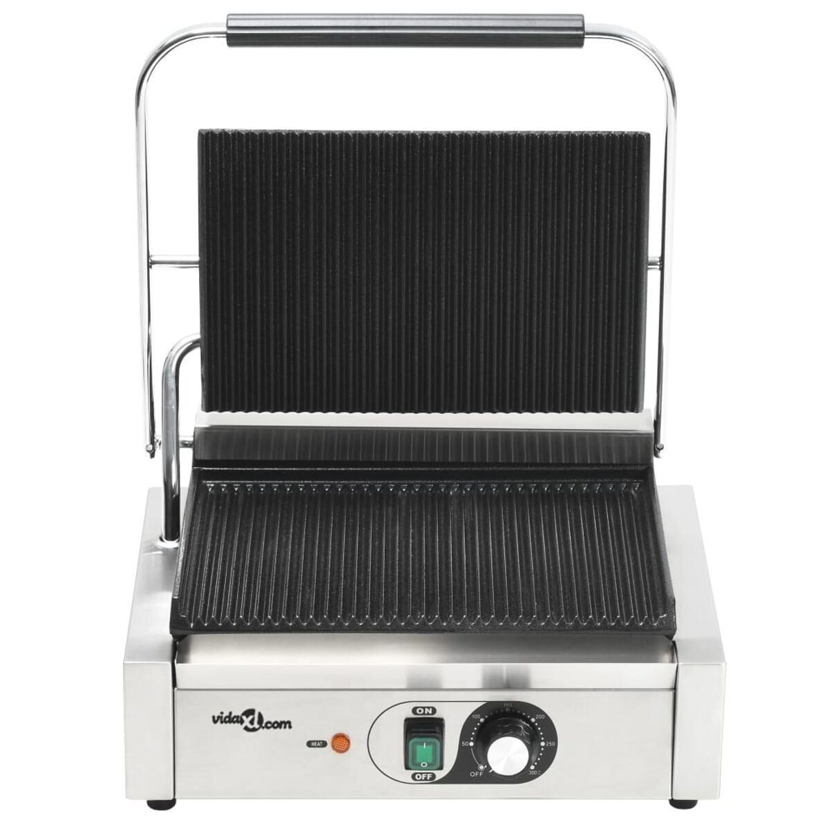 Panini-Grill aus Edelstahl mit Hitzeregler und Ein-/Ausschalter.