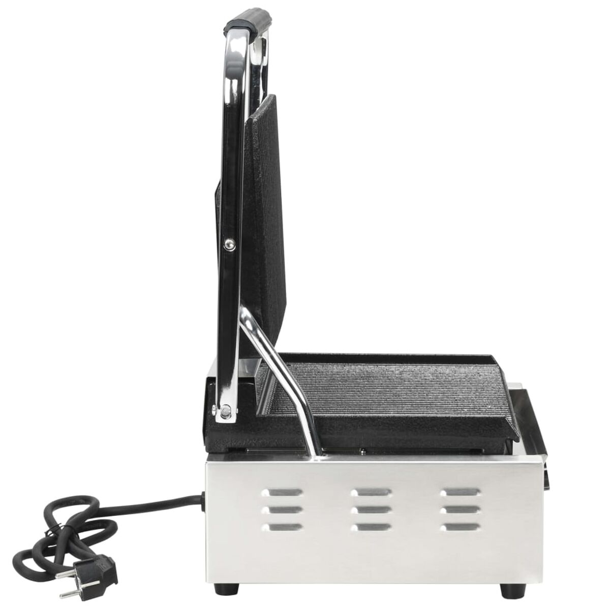 Ein silberner und schwarzer Panini-Grill mit Netzkabel auf weißem Hintergrund.