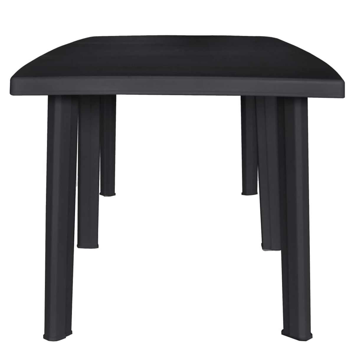 Schwarzer Tisch mit abgerundeten Ecken. Er hat vier Beine und eine flache Oberfläche.