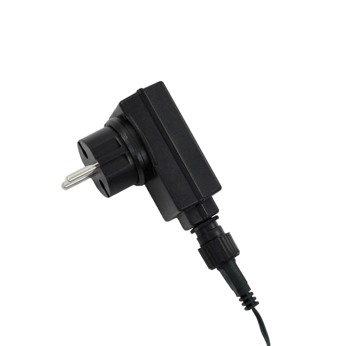 Ein schwarzer Netzstecker mit einem schwarzen Adapter und einem schwarzen Kabel.