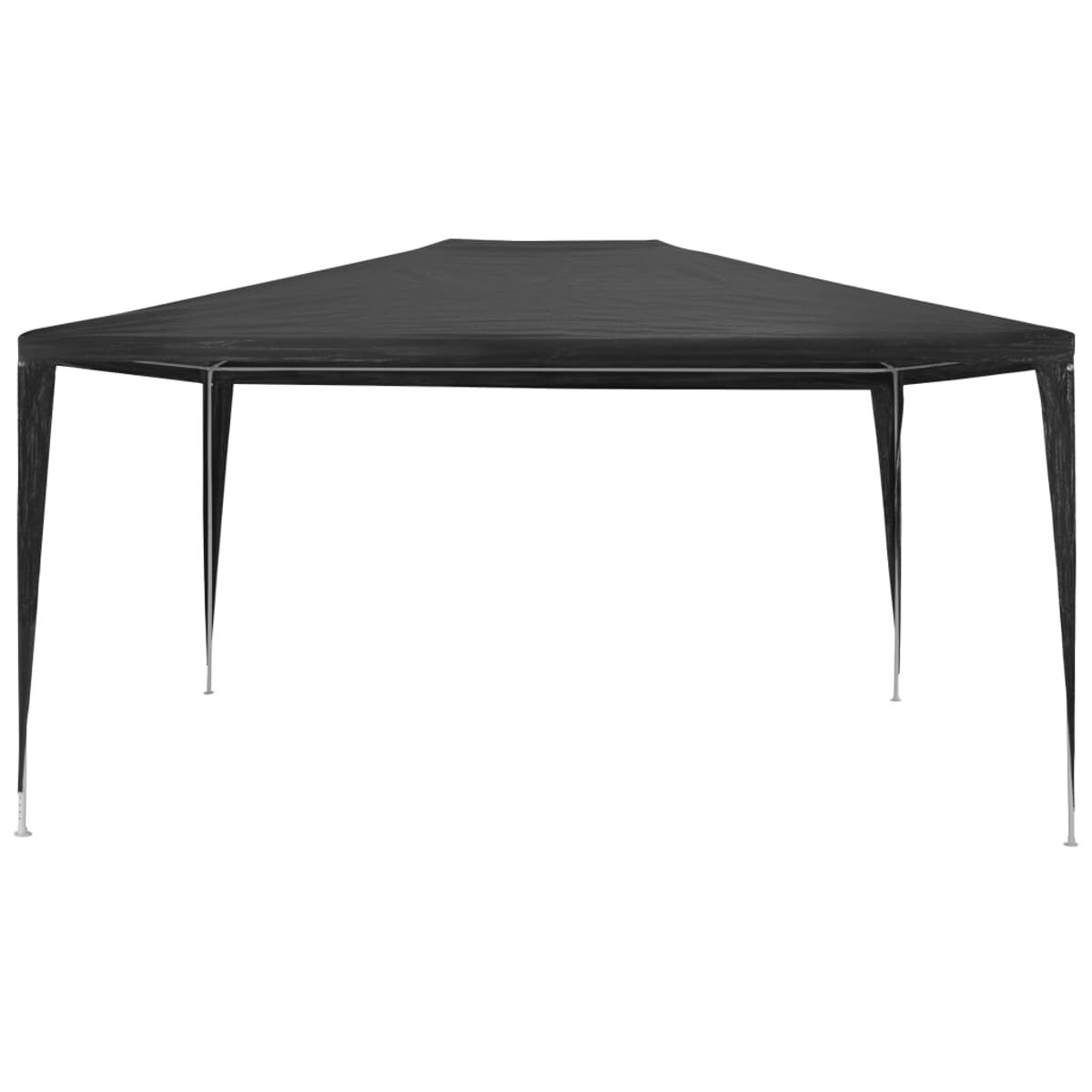 Schwarzer Outdoor-Pavillon. Zeltartige schwarze Struktur mit spitzem Dach und weißen Stangen.