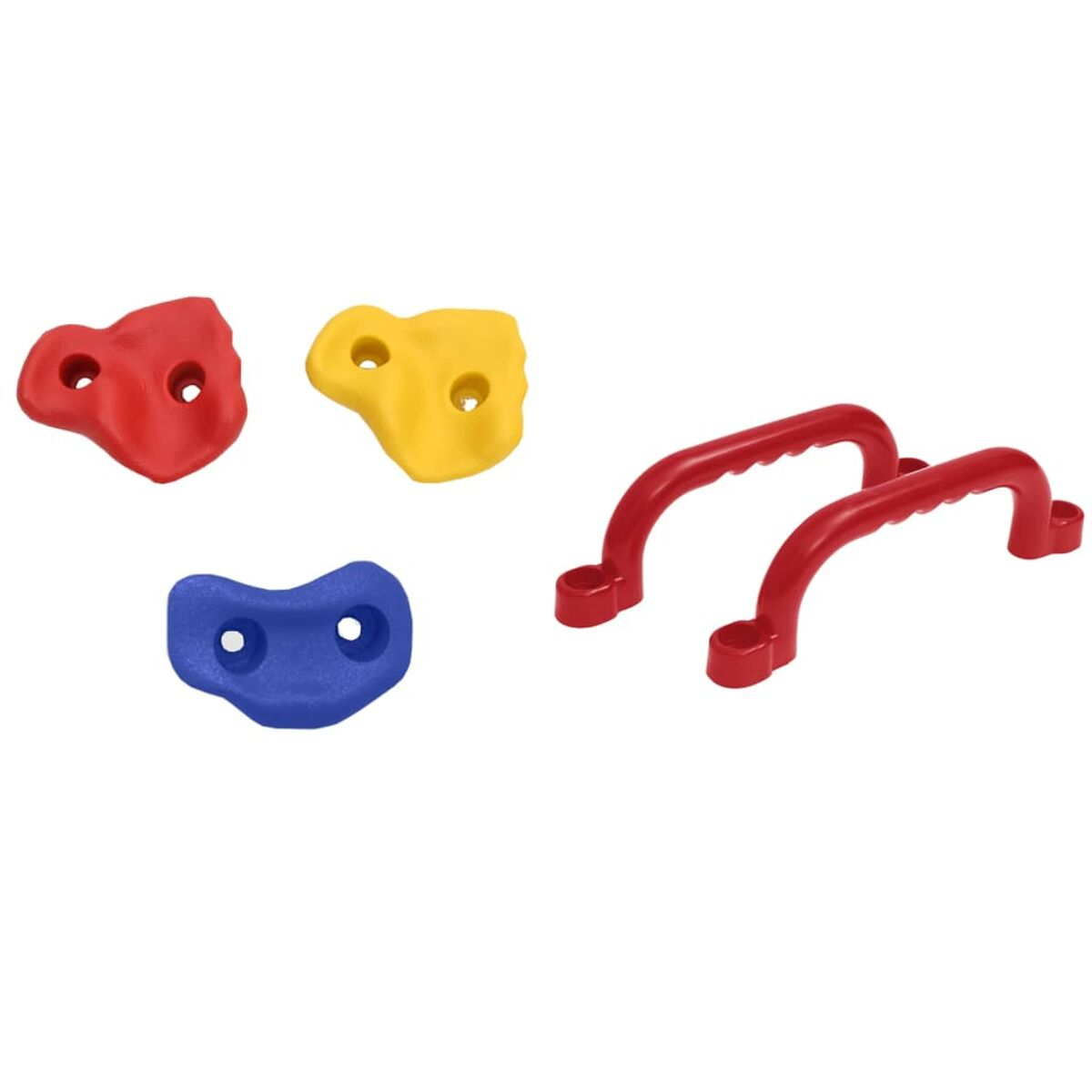 Set di prese per l'arrampicata: rosse, gialle e blu di forme diverse.