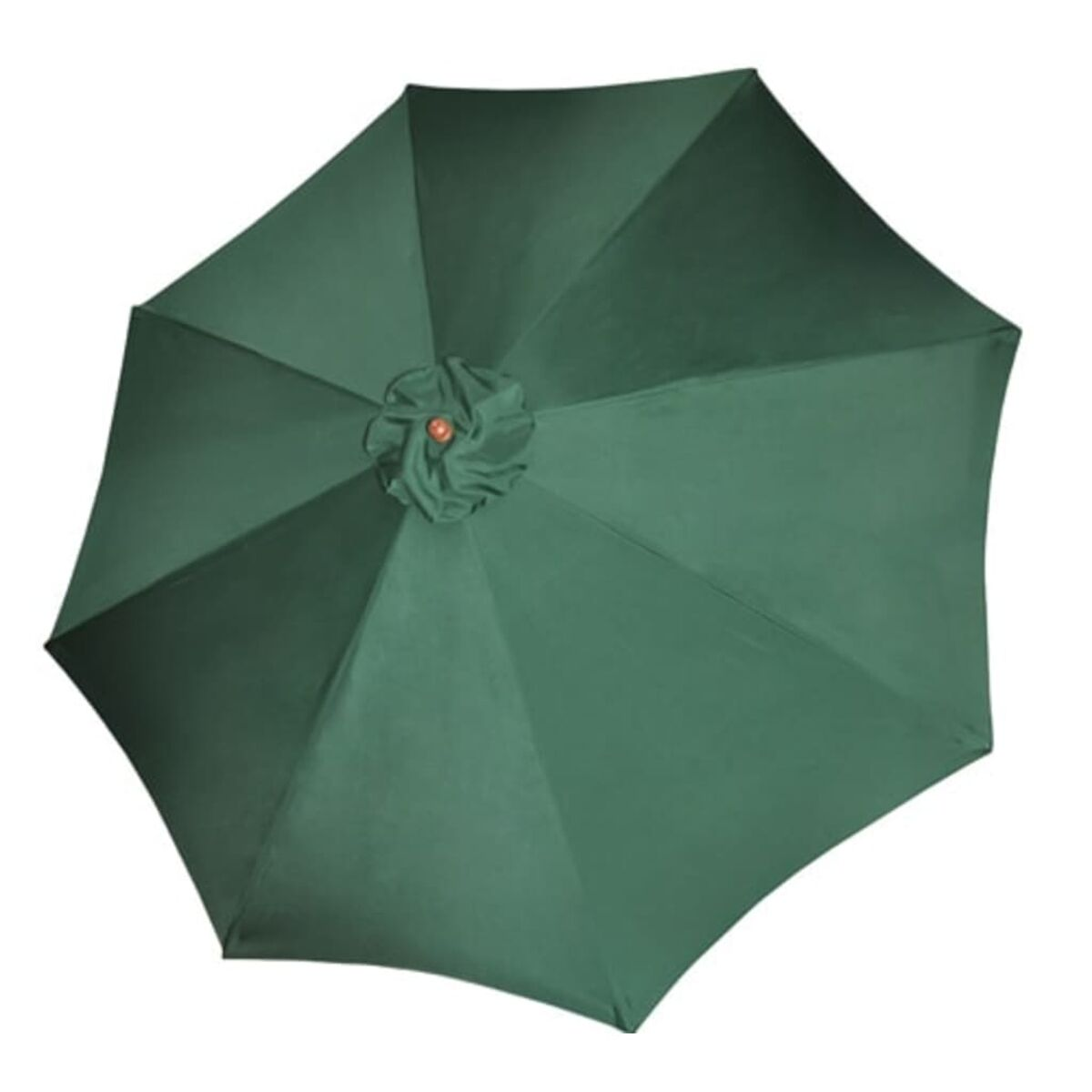 Grüner Regenschirm, Draufsicht, mit Holzakzent oben.
